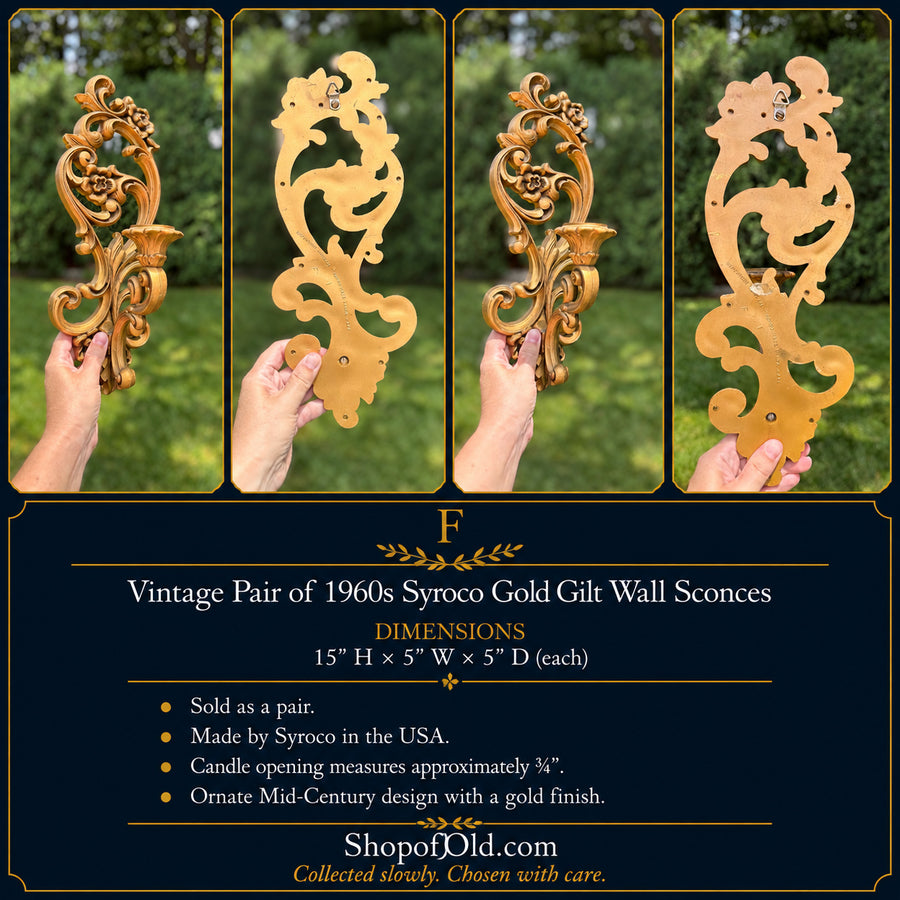 Vintage Pair of 1960s Syroco Gold Gilt Wall Sconces | Mid-Century Candle Sconces