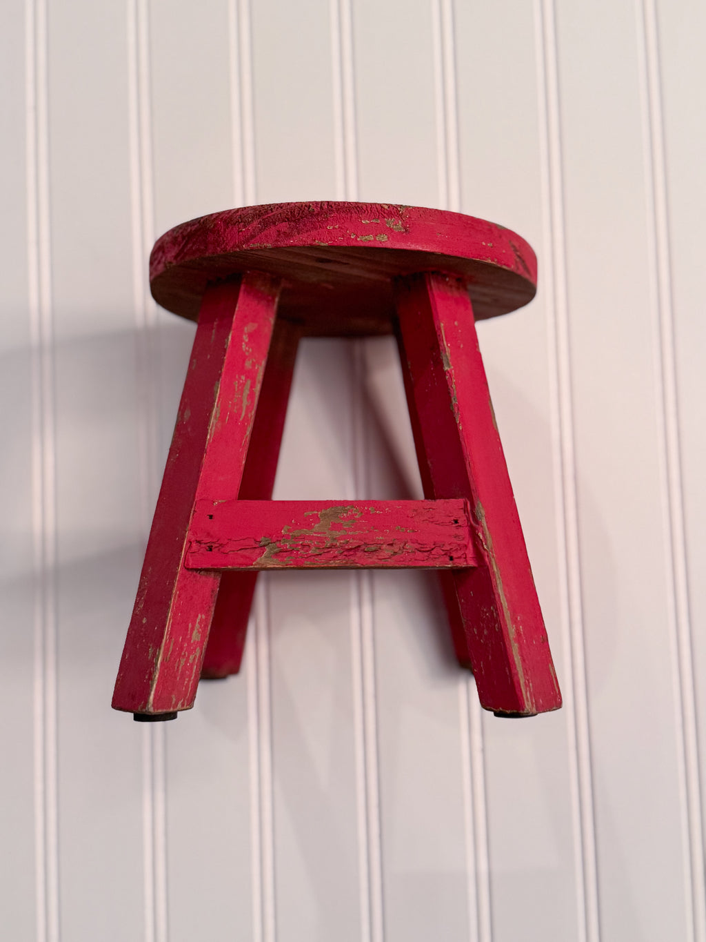 Vintage Red Wooden Stool | Rustic Display Stool