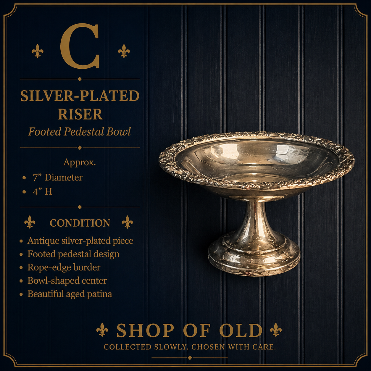 Antique Silver-Plated Footed Pedestal Riser | Rope-Edge Compote Bowl