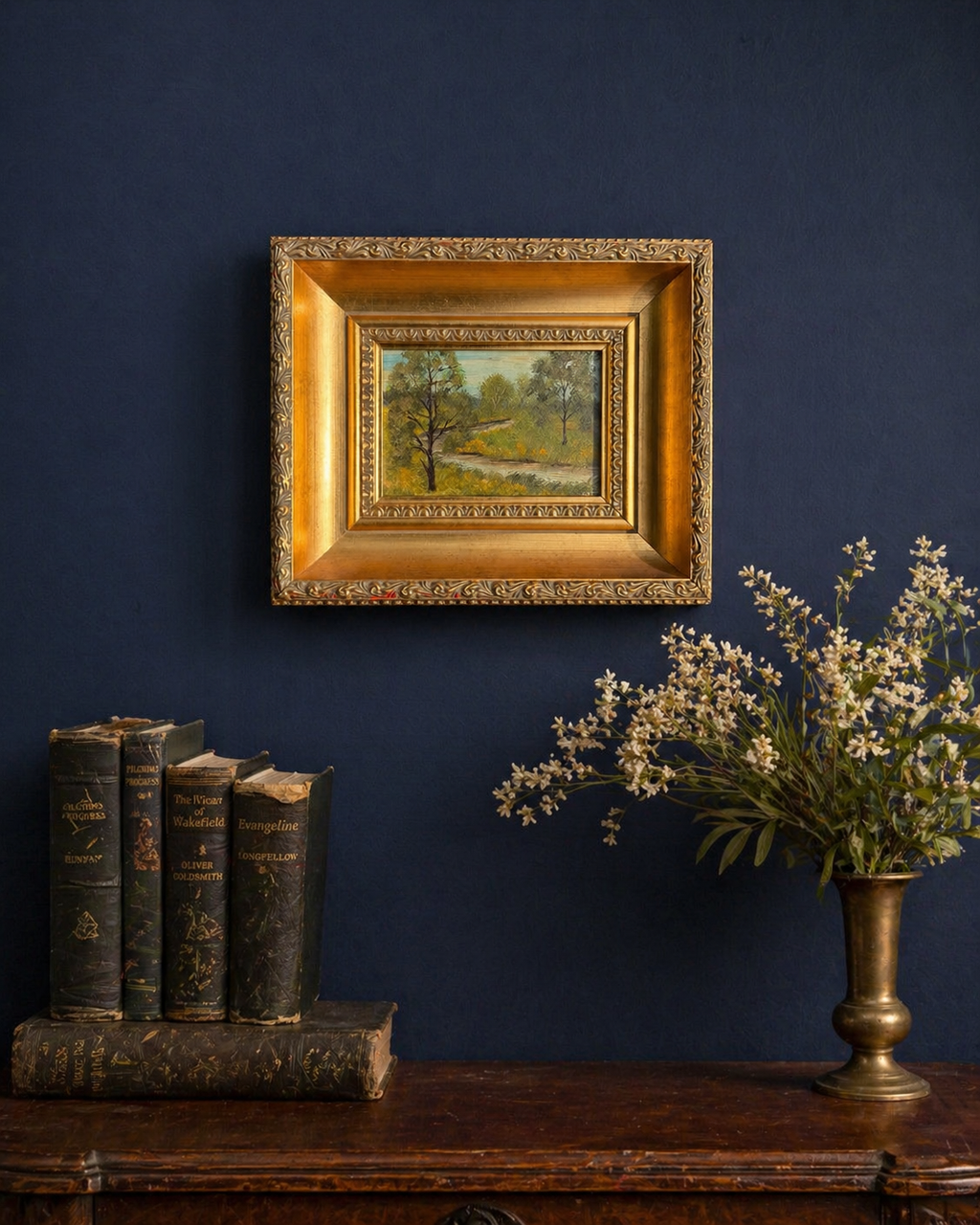 Vintage Signed Landscape Oil on Board with Creek in Gilt Frame