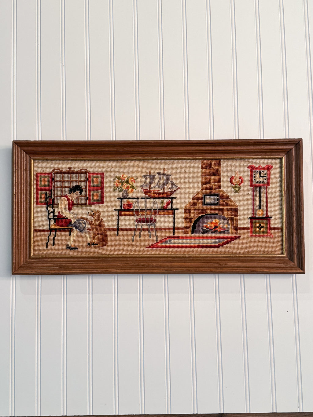Vintage Framed Hearth Scene Needlepoint | Dog, Fireplace & Grandfather Clock