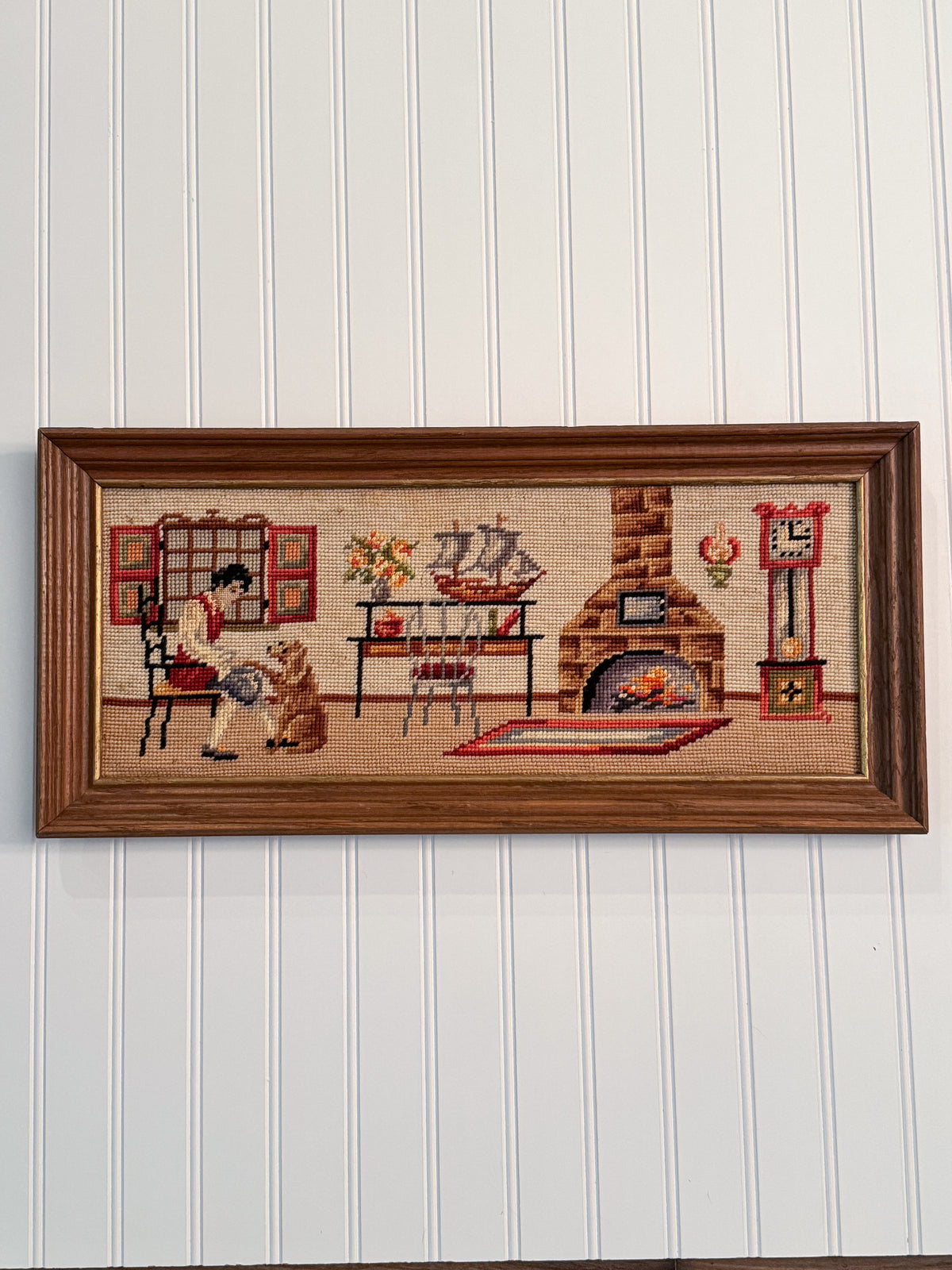 Vintage Framed Hearth Scene Needlepoint | Dog, Fireplace & Grandfather Clock