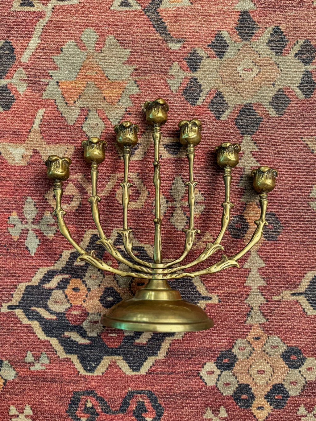 Vintage Solid Brass 7-Branch Tulip Menorah | Adjustable Swivel-Arm Design