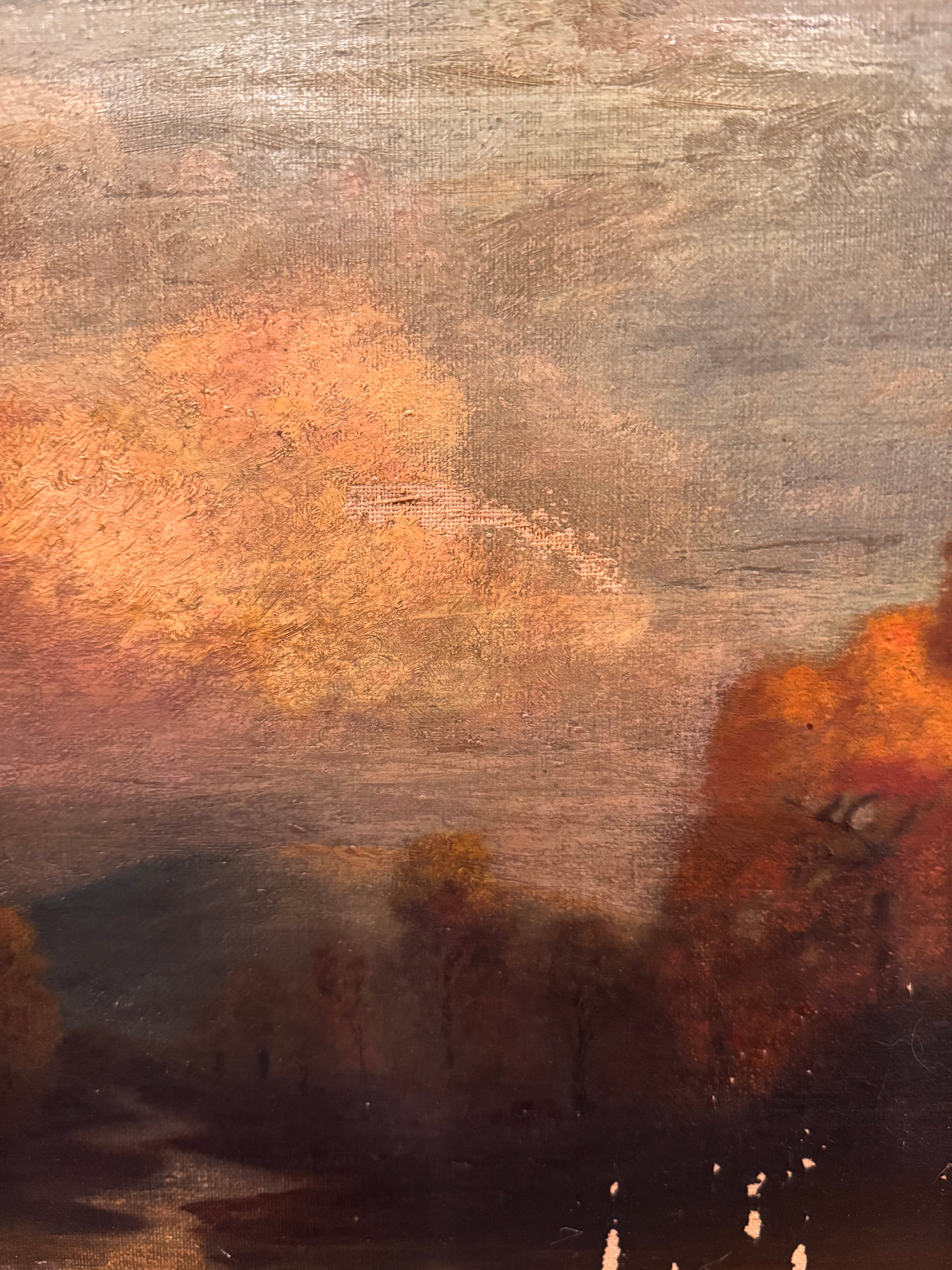 Signed Antique Tonalist Autumn River Landscape Oil Painting by R. Watkins | Original Gilt Frame