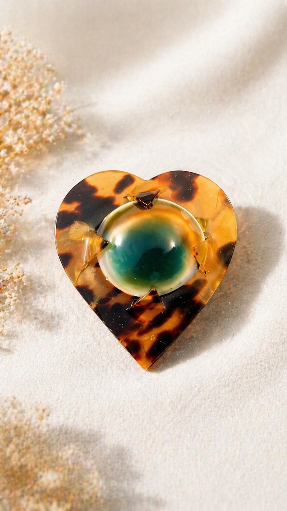 Antique Operculum Cabochon in Tortoiseshell Celluloid Heart Brooch