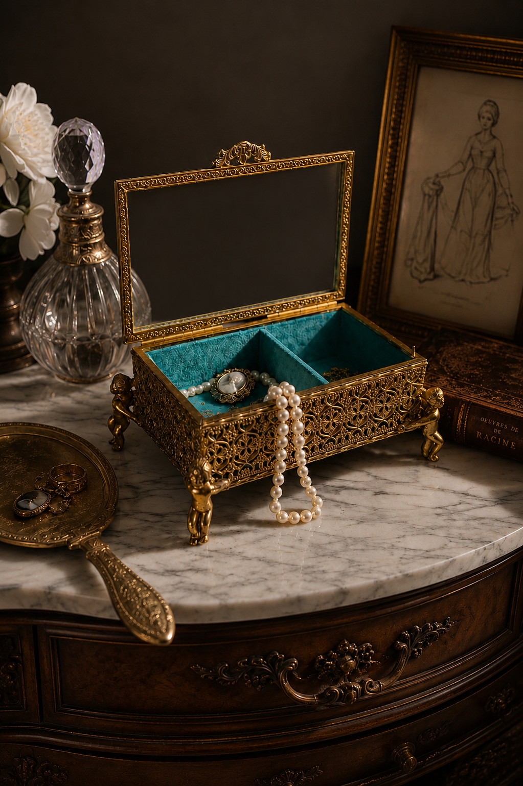 Vintage HiMark Japan Ormolu Cherub Music Box Jewelry Casket with Beveled Glass