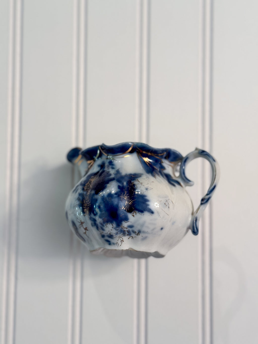 Antique English Flow Blue Miniature Creamer | Cobalt Floral Transferware Pitcher