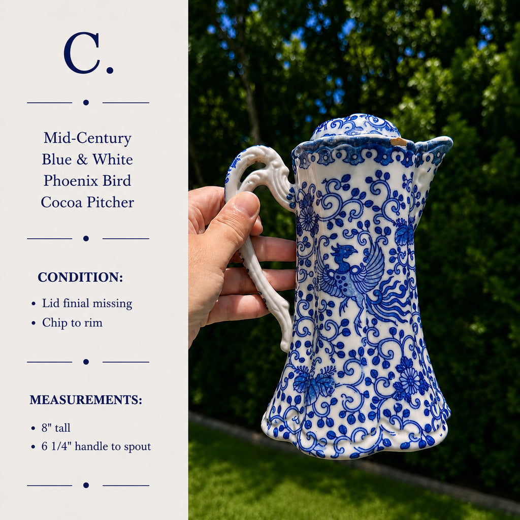 Mid-Century Blue & White Phoenix Bird Cocoa Pitcher