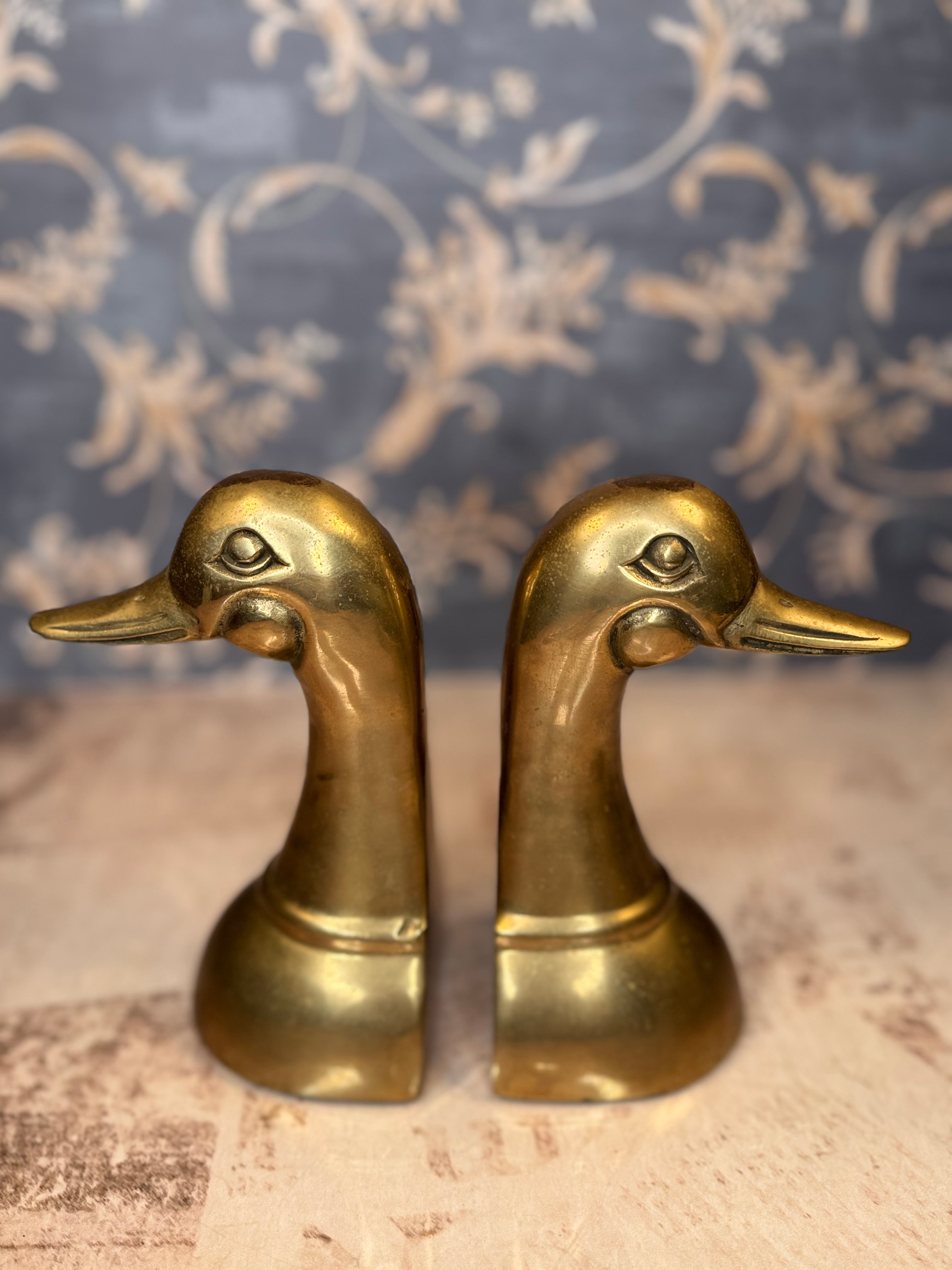 Vintage Brass Duck Bookends | Mid-Century Waterfowl Bookends