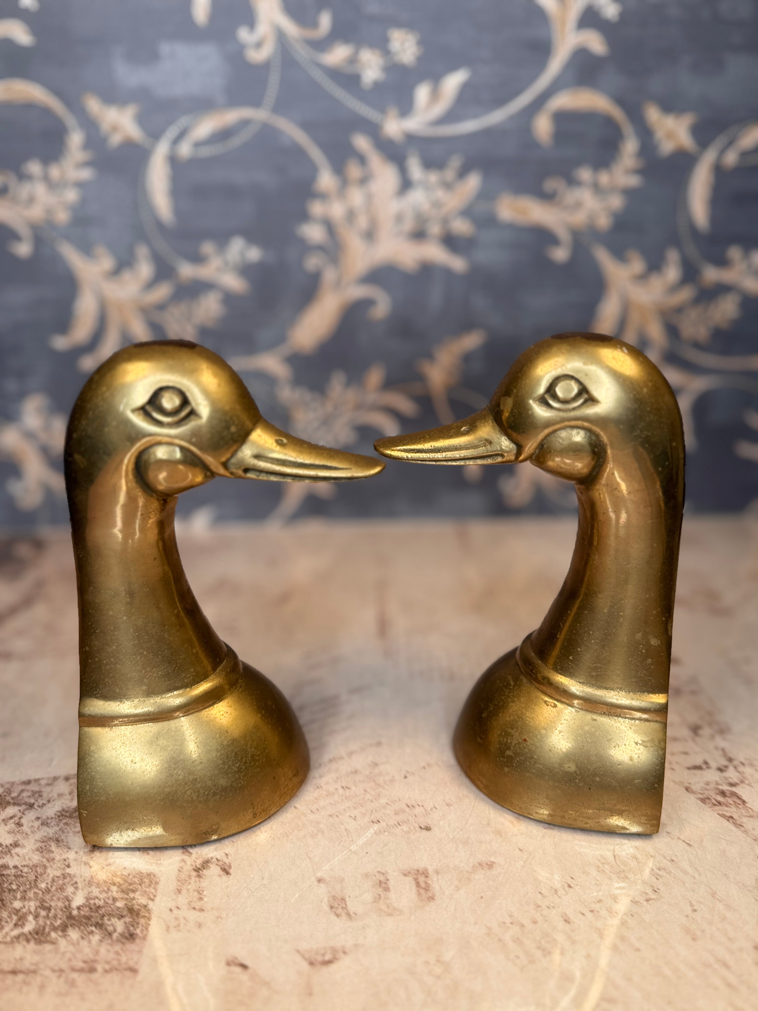 Vintage Brass Duck Bookends | Mid-Century Waterfowl Bookends