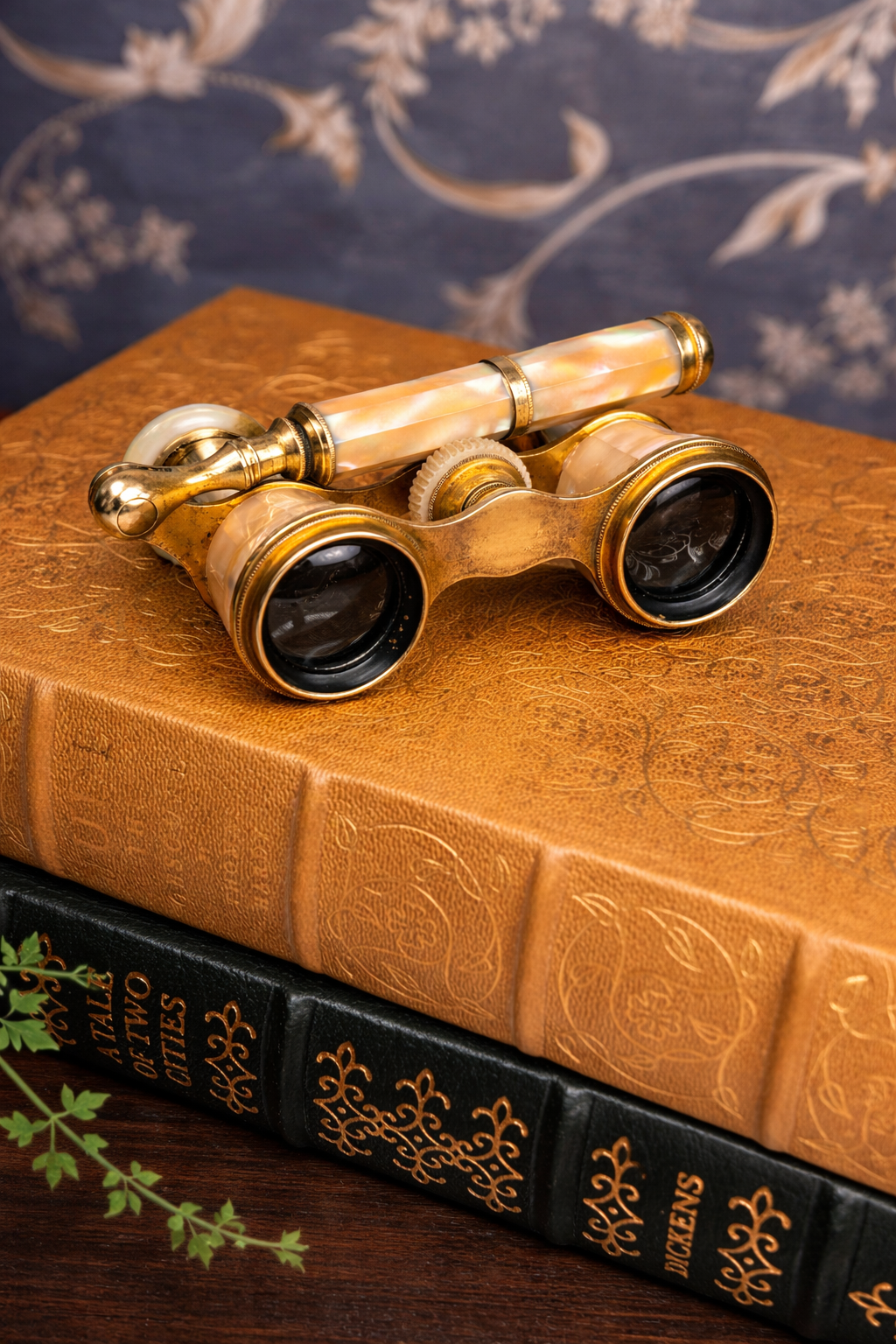 Antique French Mother-of-Pearl Opera Glasses with Folding Handle
