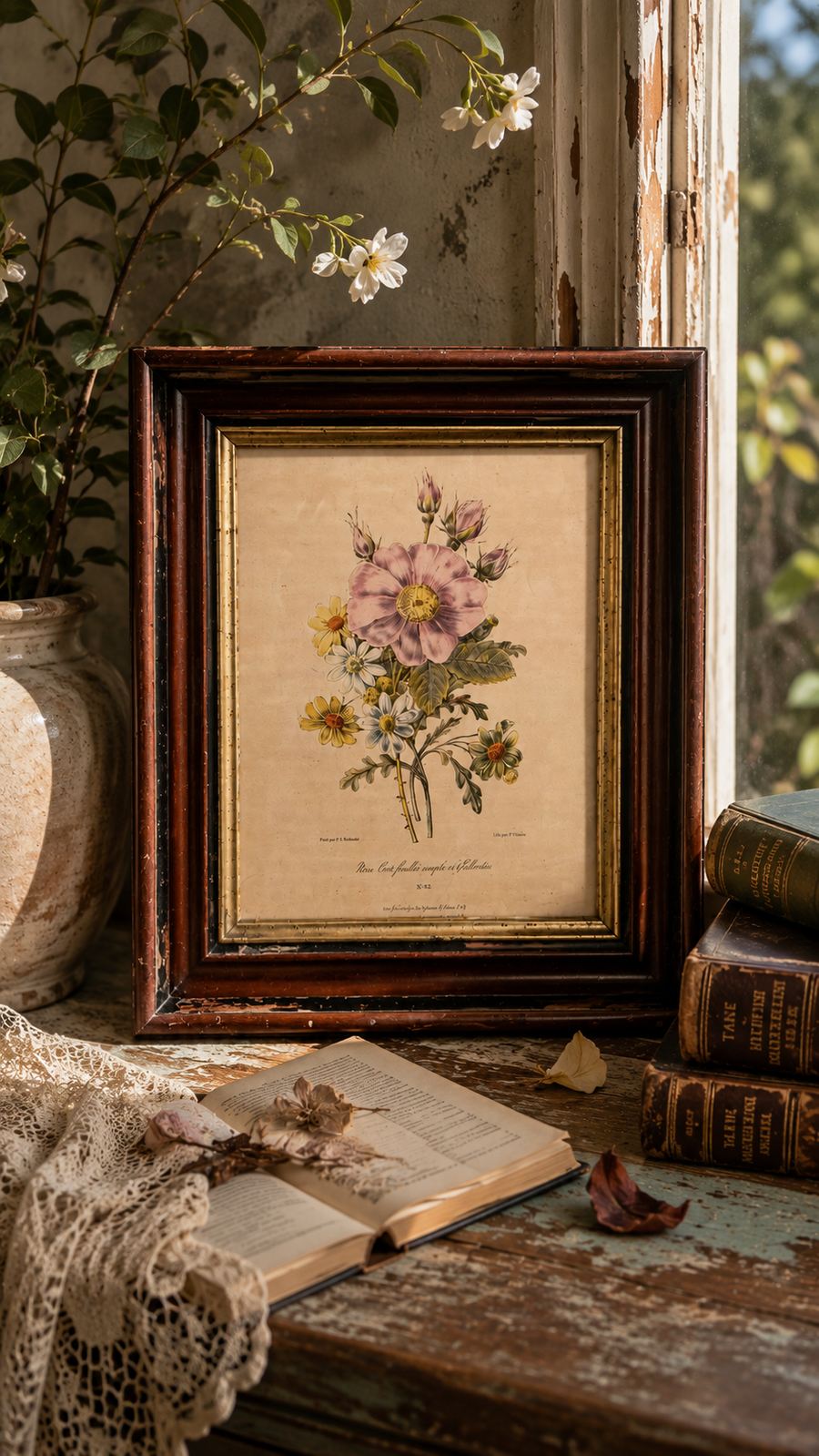 Antique Framed Pierre-Joseph Redouté Botanical Print | Rose Cent Feuilles Simple et Gaillardia | Hand-Colored French Lithograph