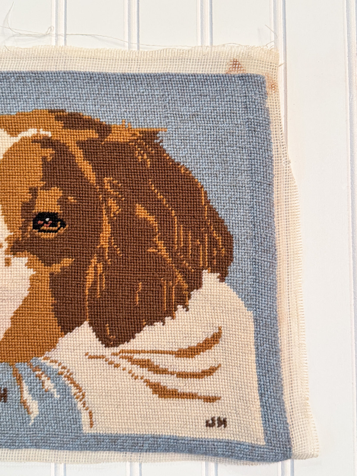 Vintage “Hannah” Dog Needlepoint | Signed Unframed Spaniel Needlework