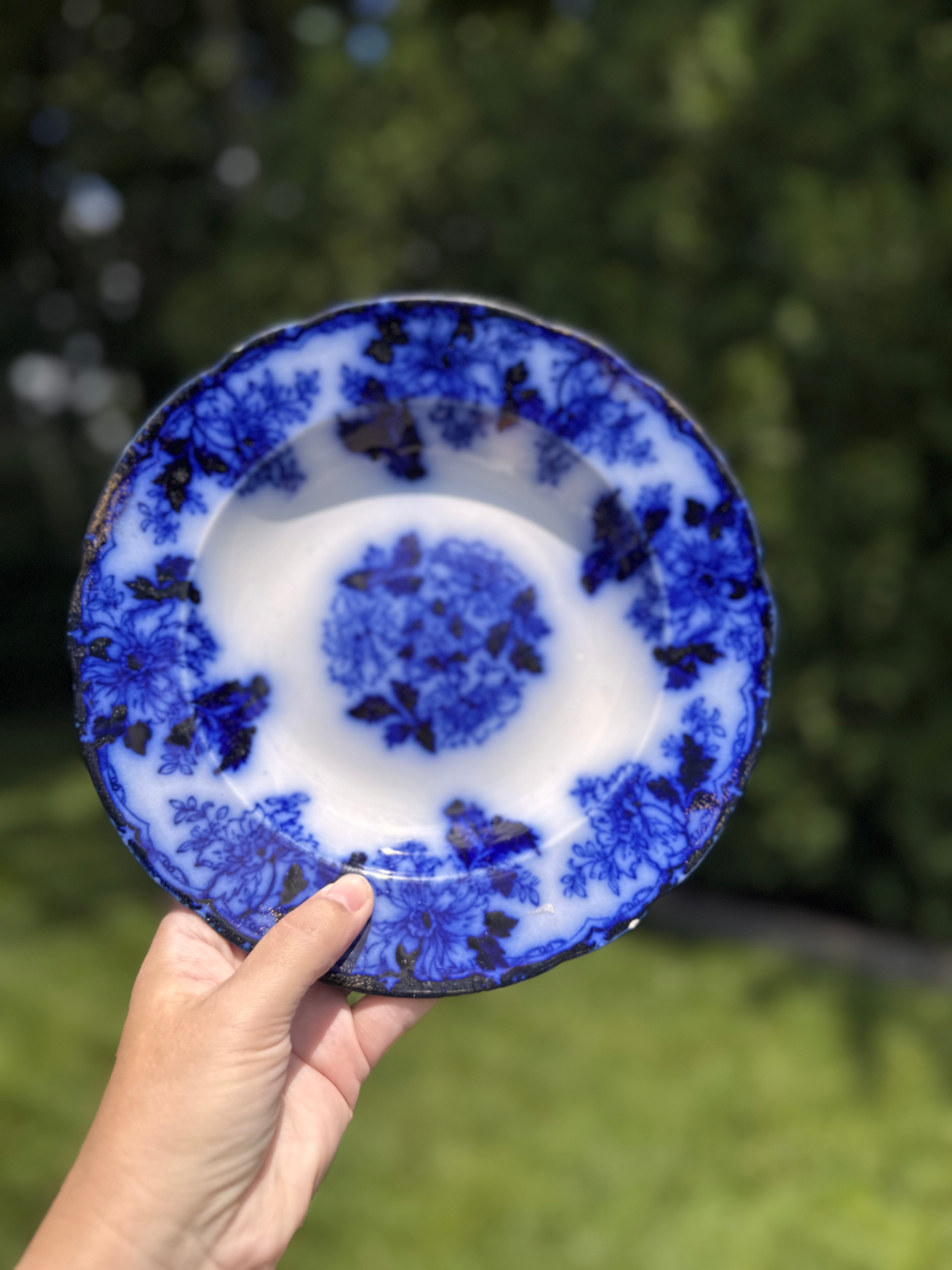 Antique Mercer Pottery Flow Blue Soup Plate | England | 9 Inch