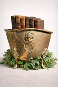Vintage Hammered Brass Jardinière with Lion Head Ring Handles and Claw Feet
