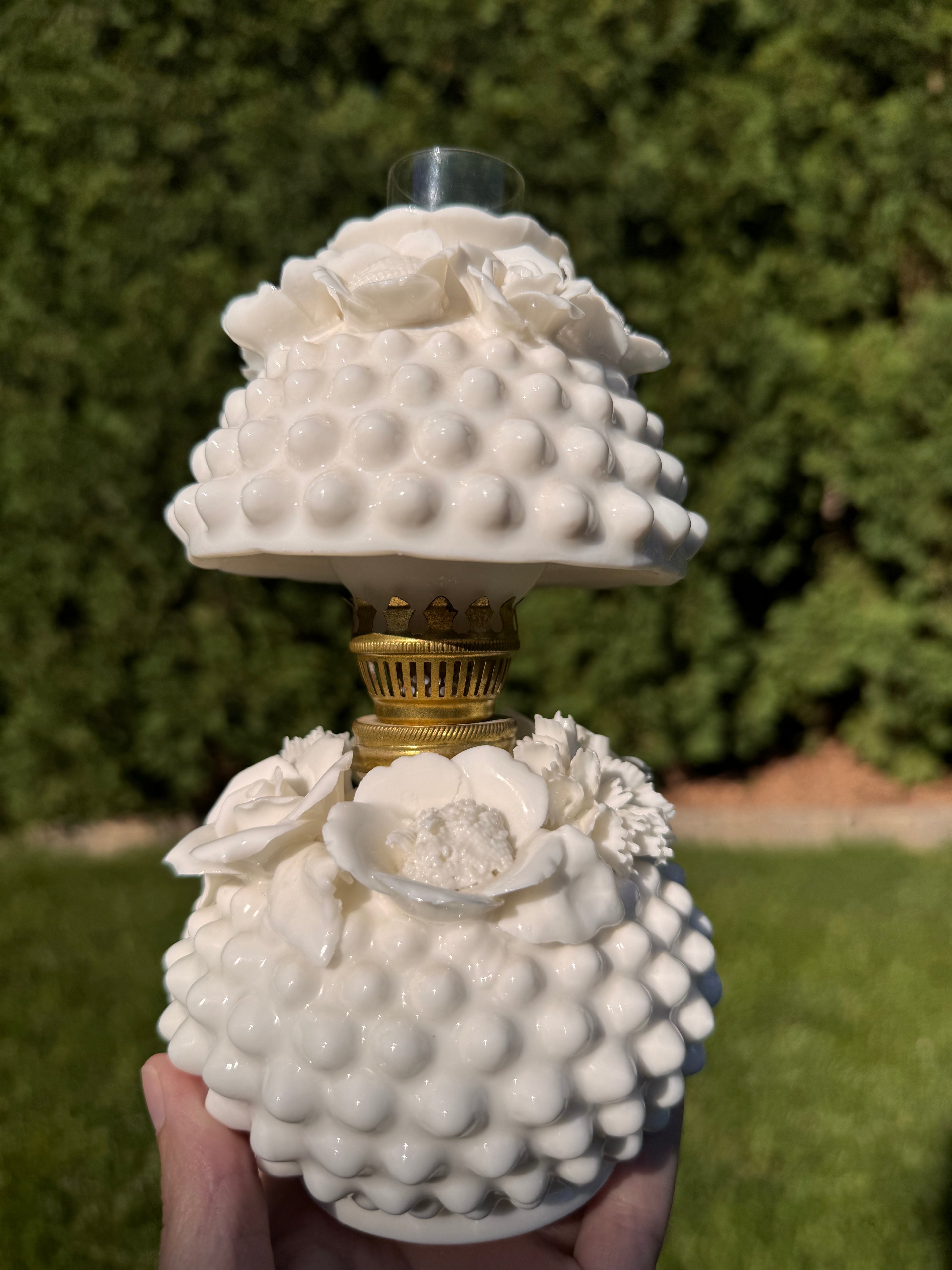 Vintage Fenton White Milk Glass Hobnail Boudoir Hurricane Lamp “Bantam”