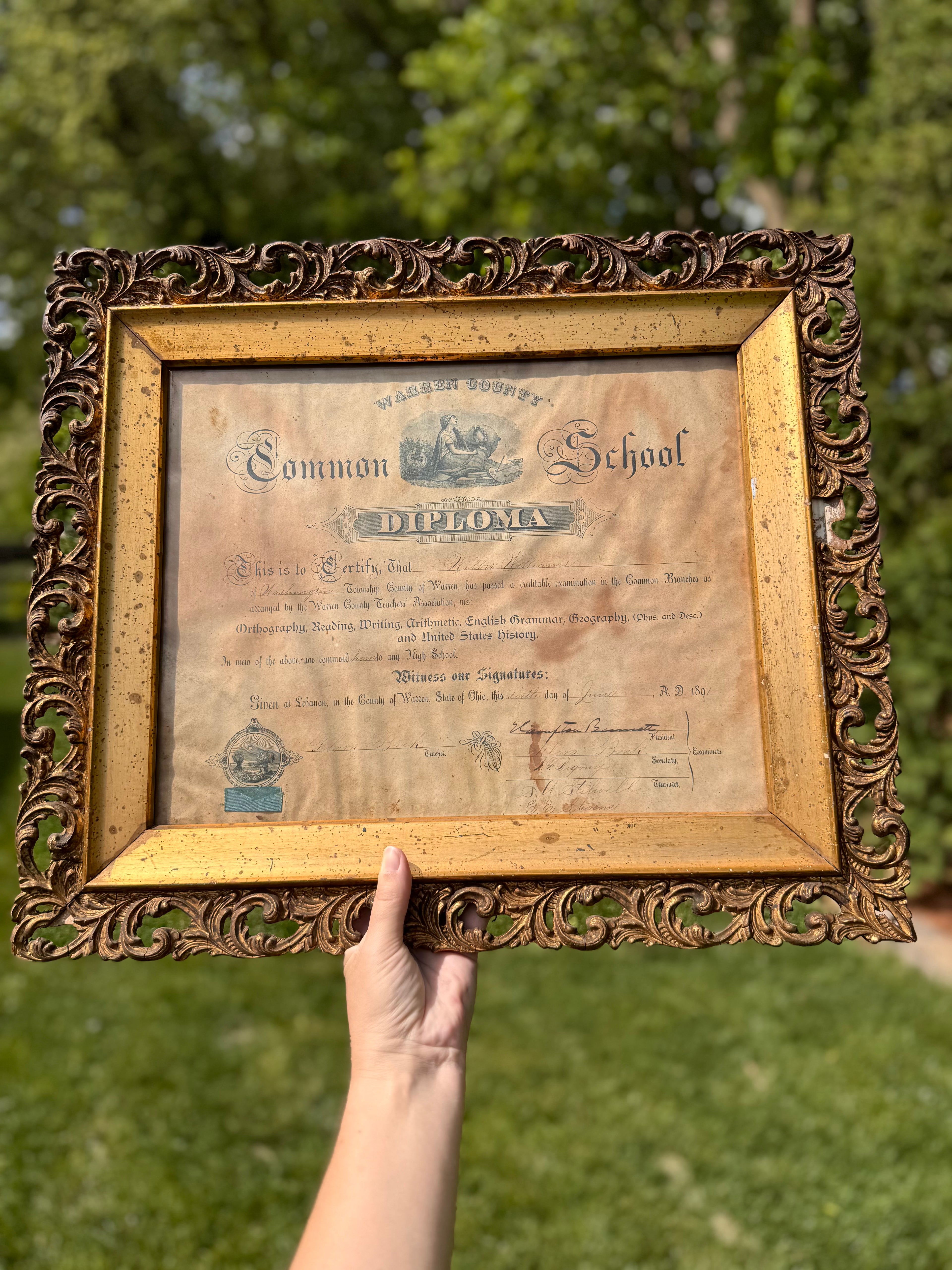 Antique 1890s Warren County Ohio Diploma in Hand-Carved Gold Ornate Frame