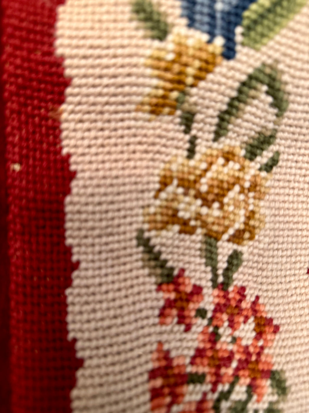 Signed Vintage Needlepoint Bell Pull | Handworked Floral Textile, 65” with Brass Mount