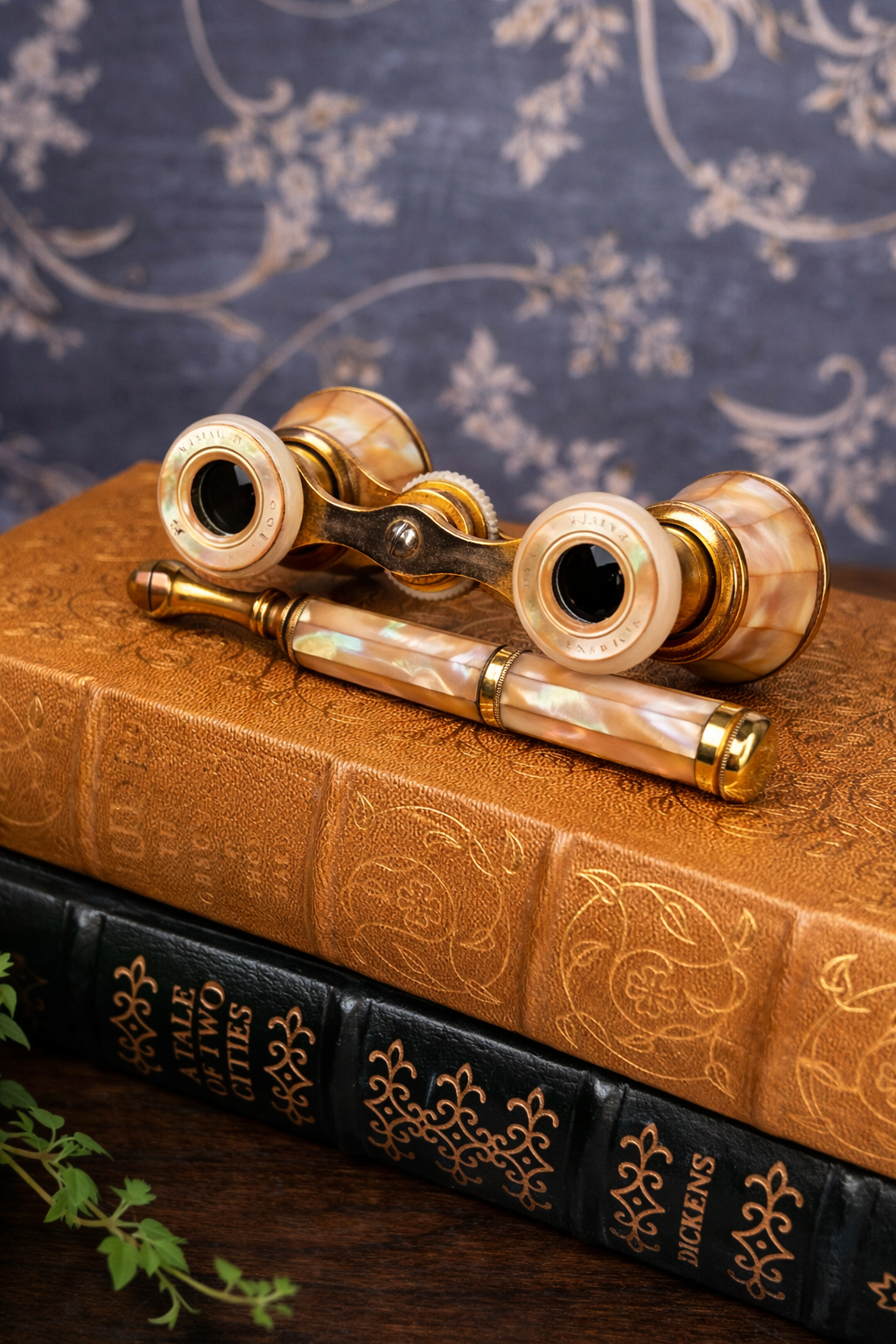 Antique French Mother-of-Pearl Opera Glasses with Folding Handle