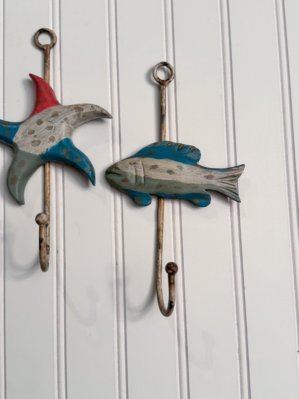 Coastal Wood & Metal Wall Hooks, Set of 3 | Seashell, Starfish & Fish