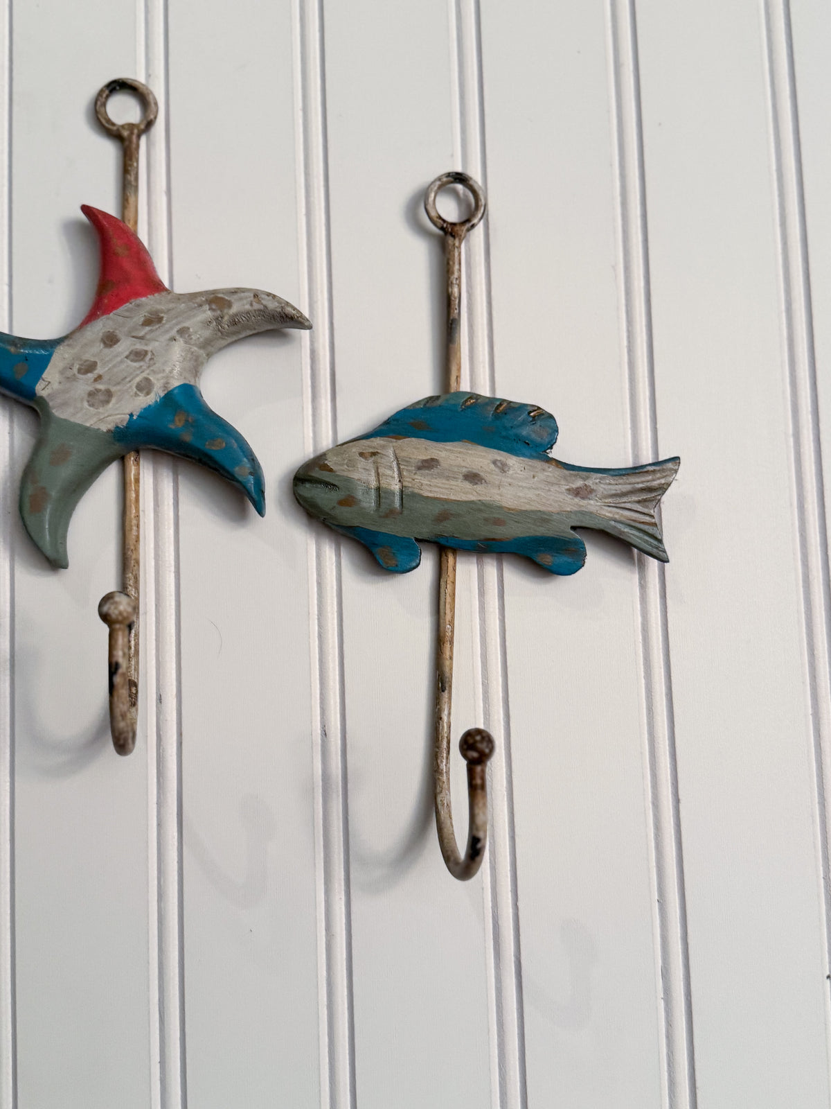 Coastal Wood & Metal Wall Hooks, Set of 3 | Seashell, Starfish & Fish