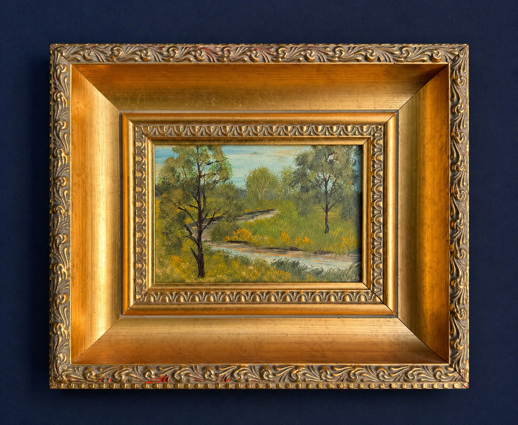 Vintage Signed Landscape Oil on Board with Creek in Gilt Frame
