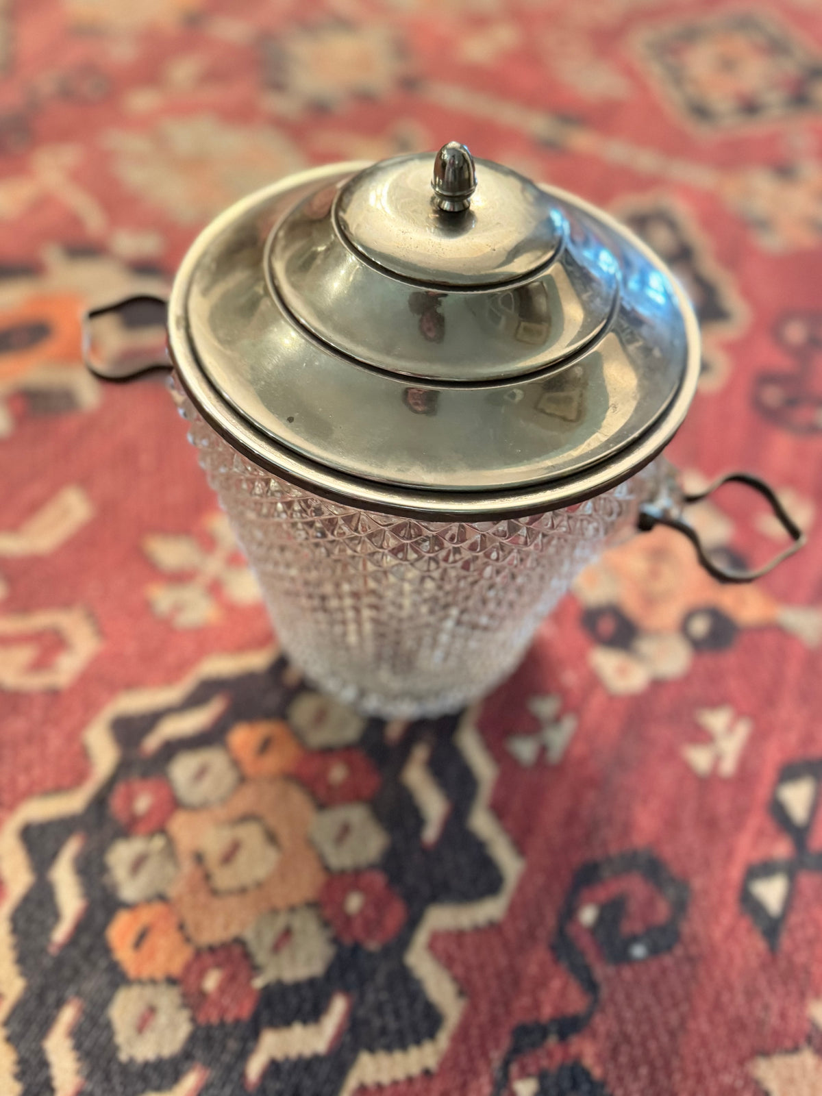 Vintage Diamond-Point Glass Ice Bucket with Tiered Silver-Tone Lid & Folding Handles