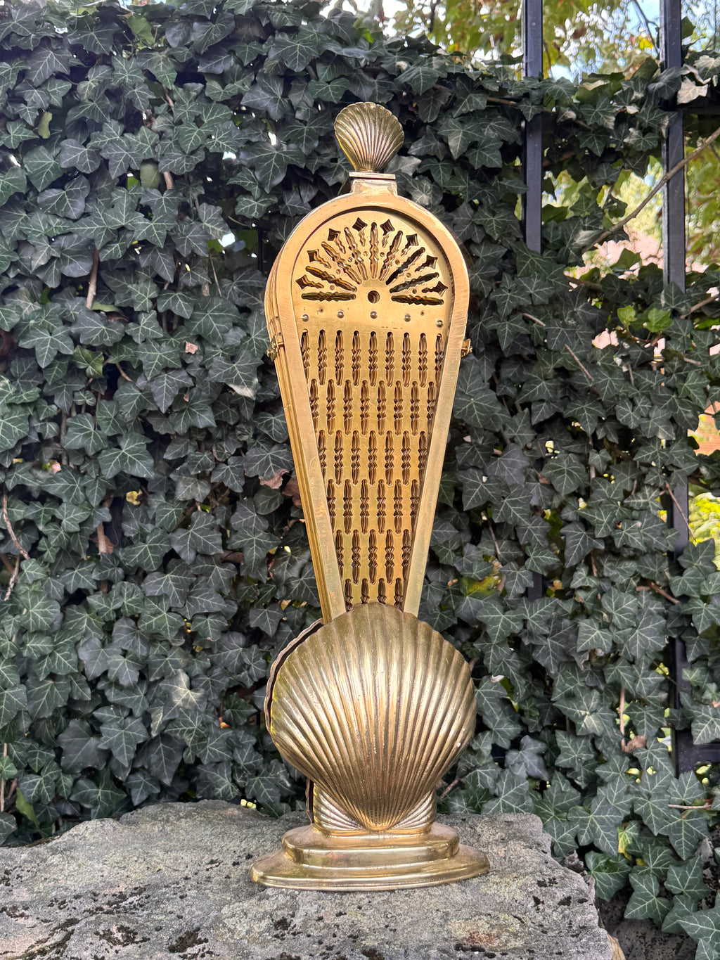 Vintage Solid Brass Peacock Fan Fireplace Screen | Hollywood Regency Folding Clamshell Fire Screen