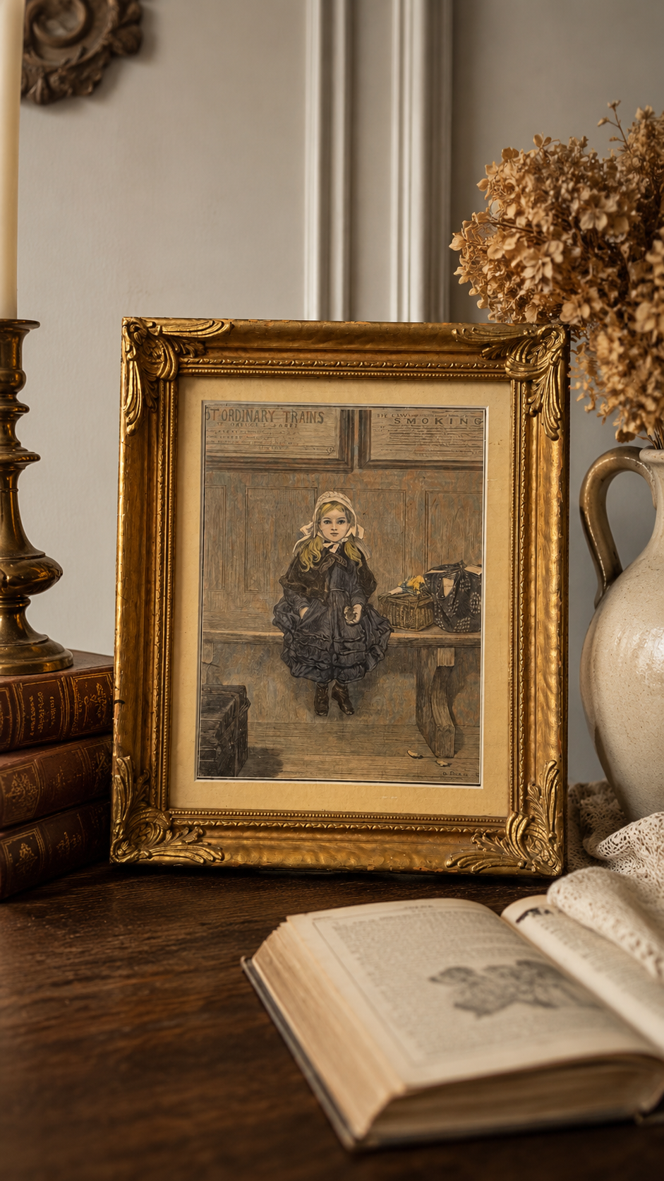 Victorian Hand-Colored Wood Engraving “To Be Left Till Called For” | Alfred Dixon | Antique Gilt Gesso Frame