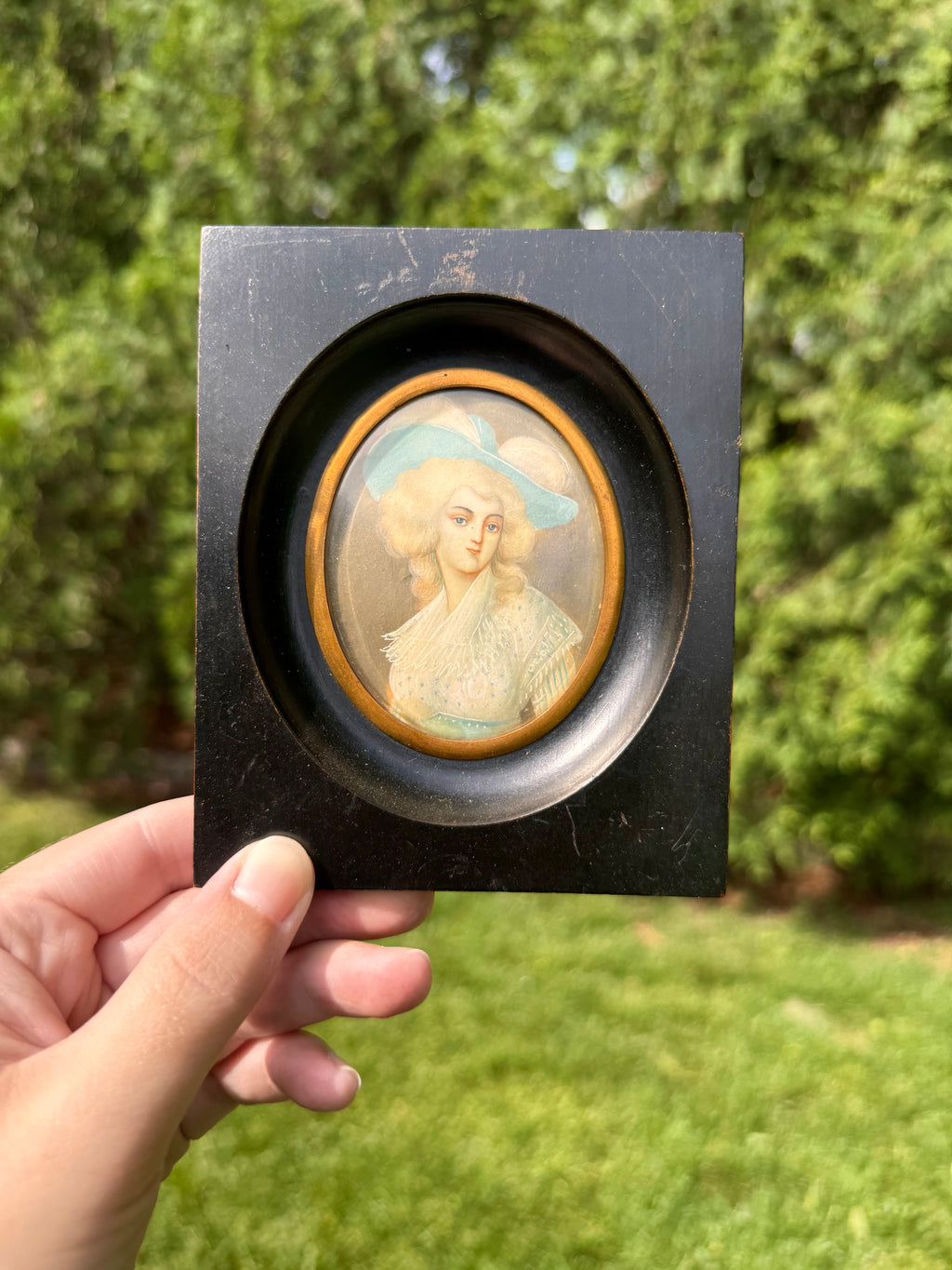 Antique Hand-Painted Porcelain Portrait Miniature in Ebonized Frame, Georgian-Style Duchess Study with Handwritten Backing