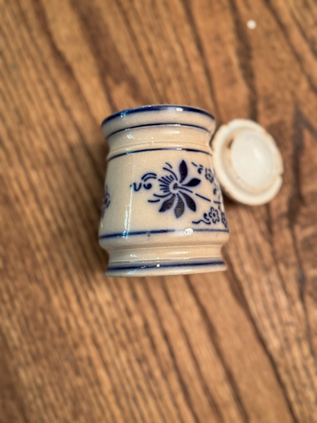 Antique German Muskat Nutmeg Spice Jar | Blue & White Stoneware Canister with Lid