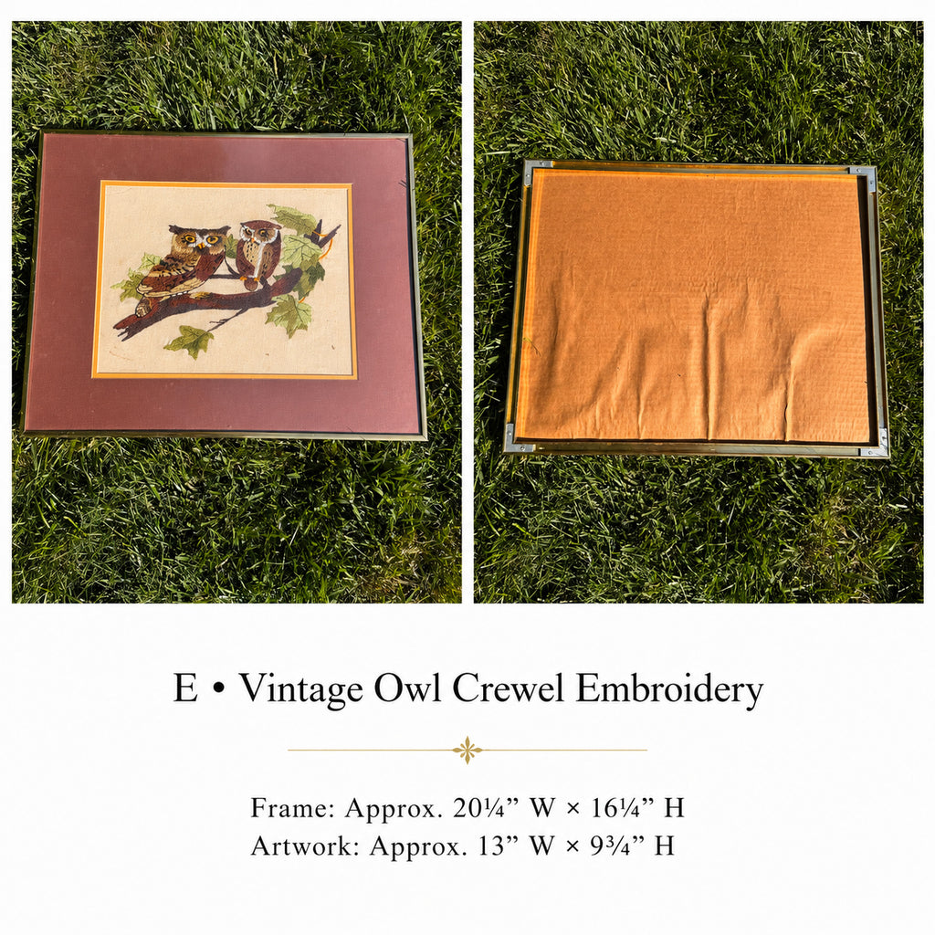 Vintage Owl Crewel Embroidery in Metal Frame