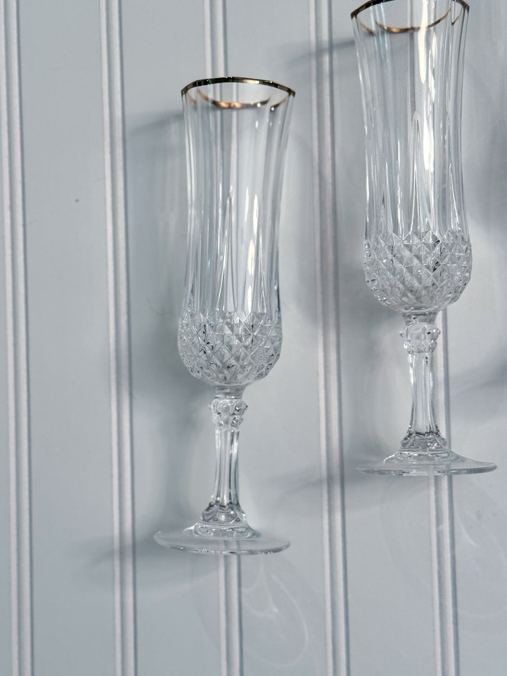 Vintage Gold-Rimmed Crystal Champagne Flutes, Set of 4 | Cut Crystal Stemware