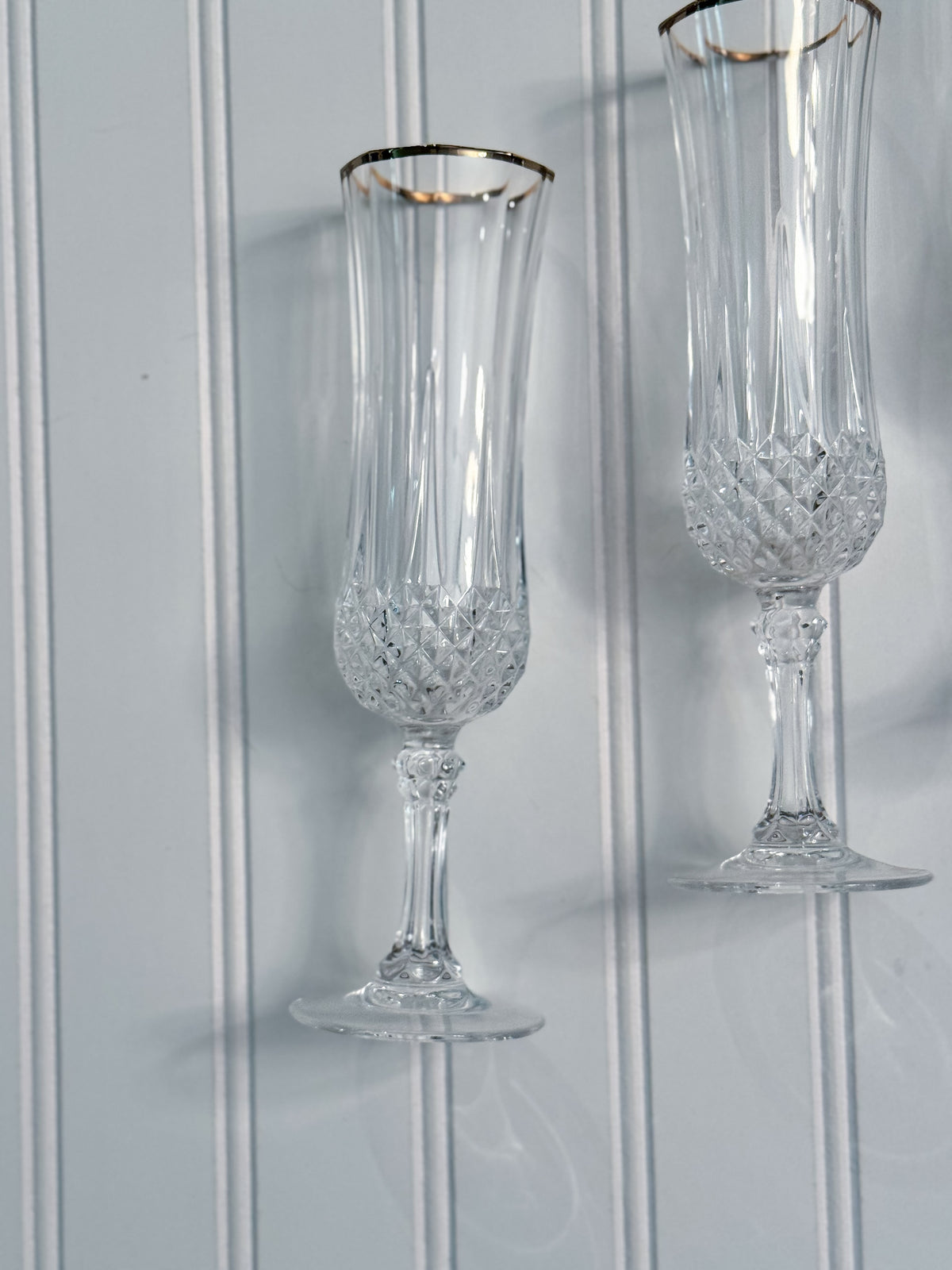 Vintage Gold-Rimmed Crystal Champagne Flutes, Set of 4 | Cut Crystal Stemware