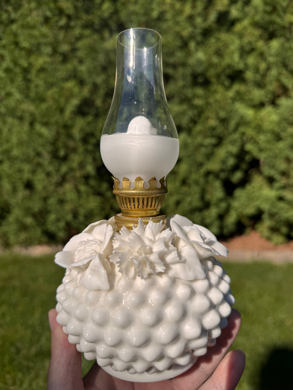 Vintage Fenton White Milk Glass Hobnail Boudoir Hurricane Lamp “Bantam”