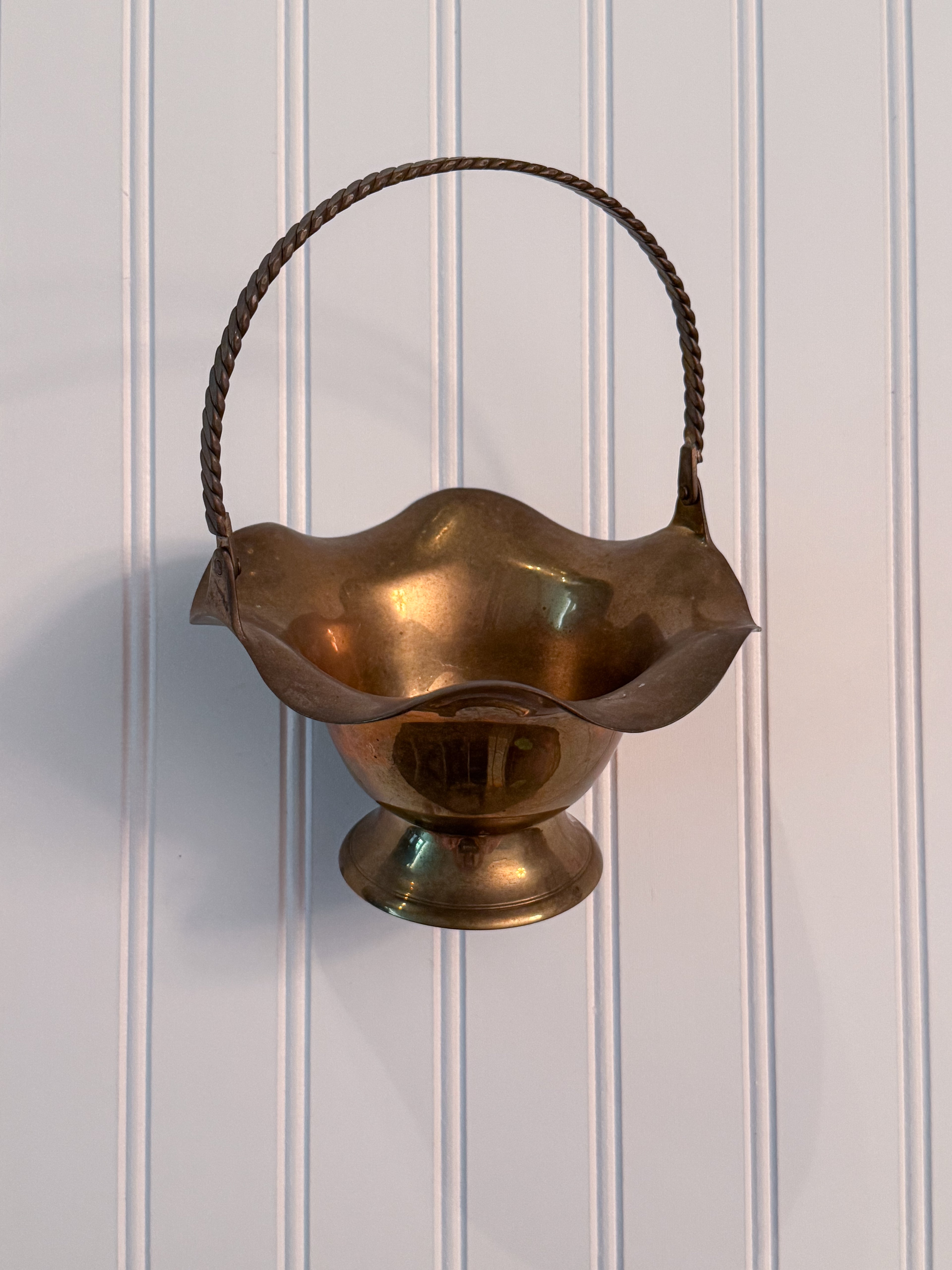 Vintage Brass Ruffled Basket | Foldable Twisted Handle | Made in India