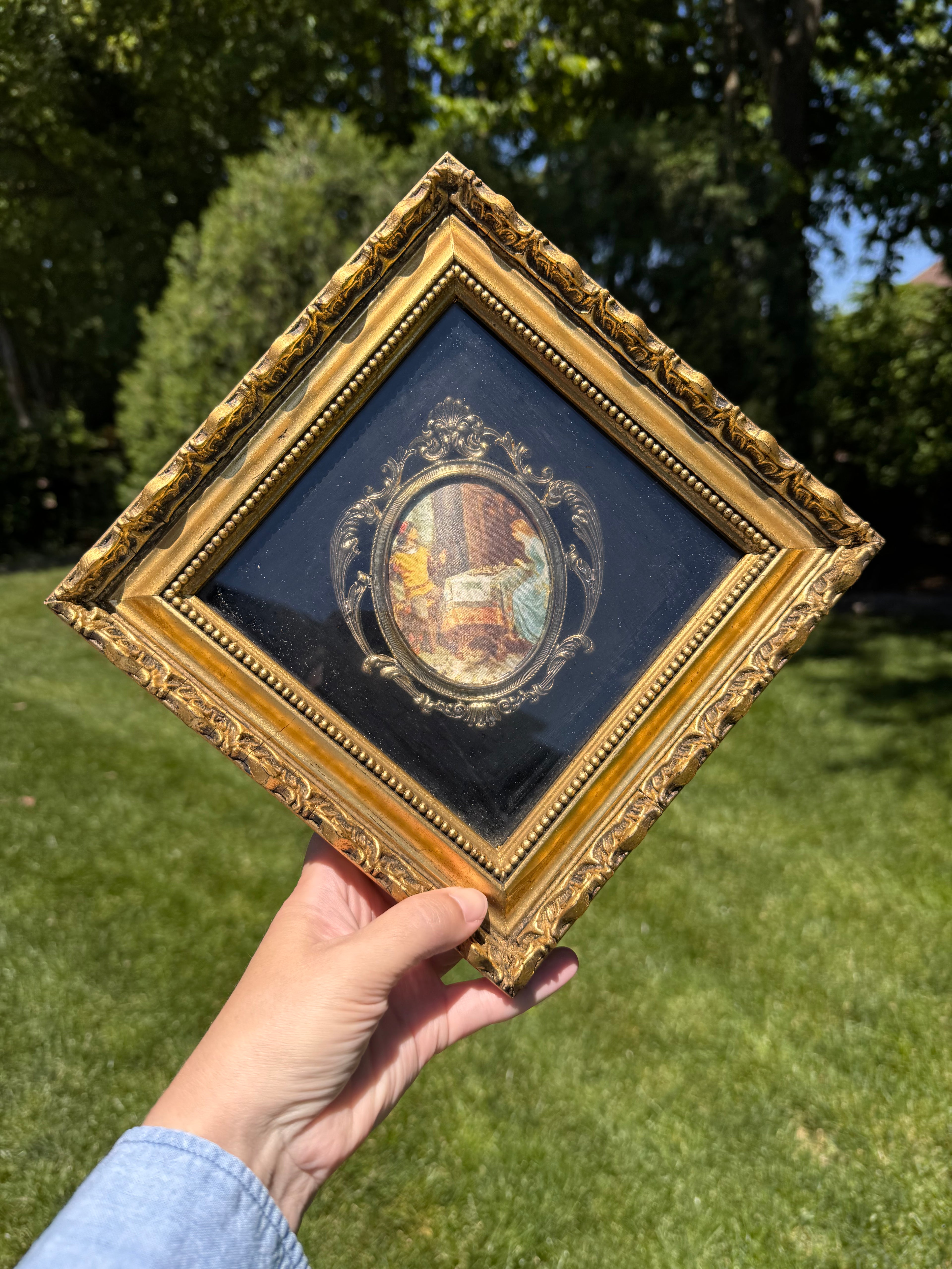 Vintage Framed Romantic Cameo Print in Ornate Gilt Shadow Box Frame | Victorian-Inspired Wall Art, 11.75”