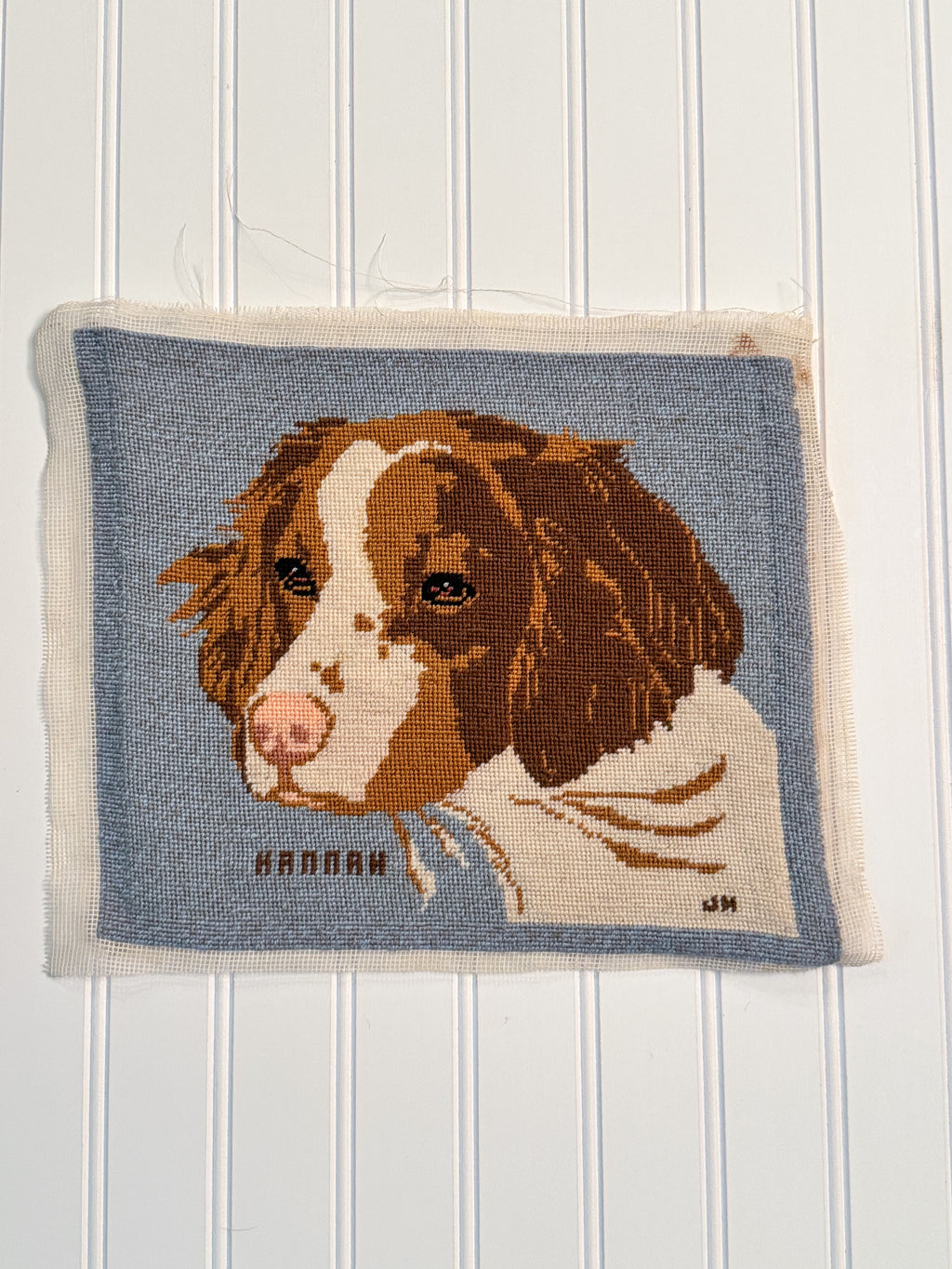 Vintage “Hannah” Dog Needlepoint | Signed Unframed Spaniel Needlework