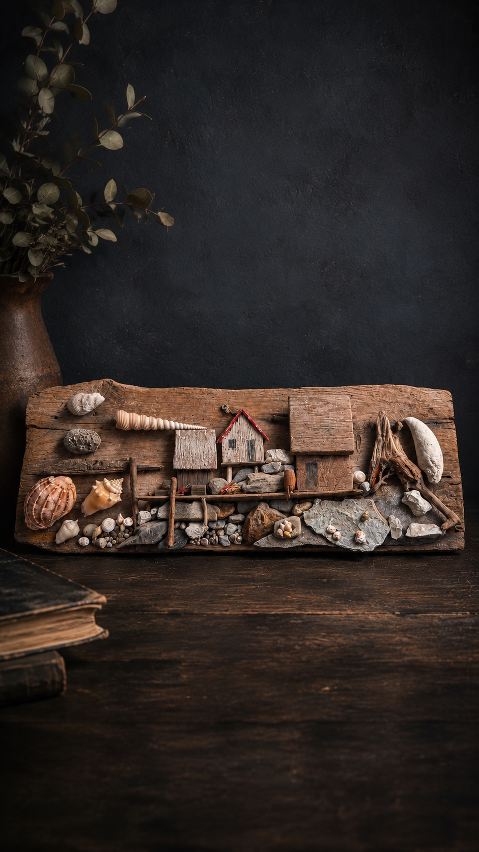 Handmade Coastal Folk Art Driftwood, Stone & Seashell Village Wall Sculpture