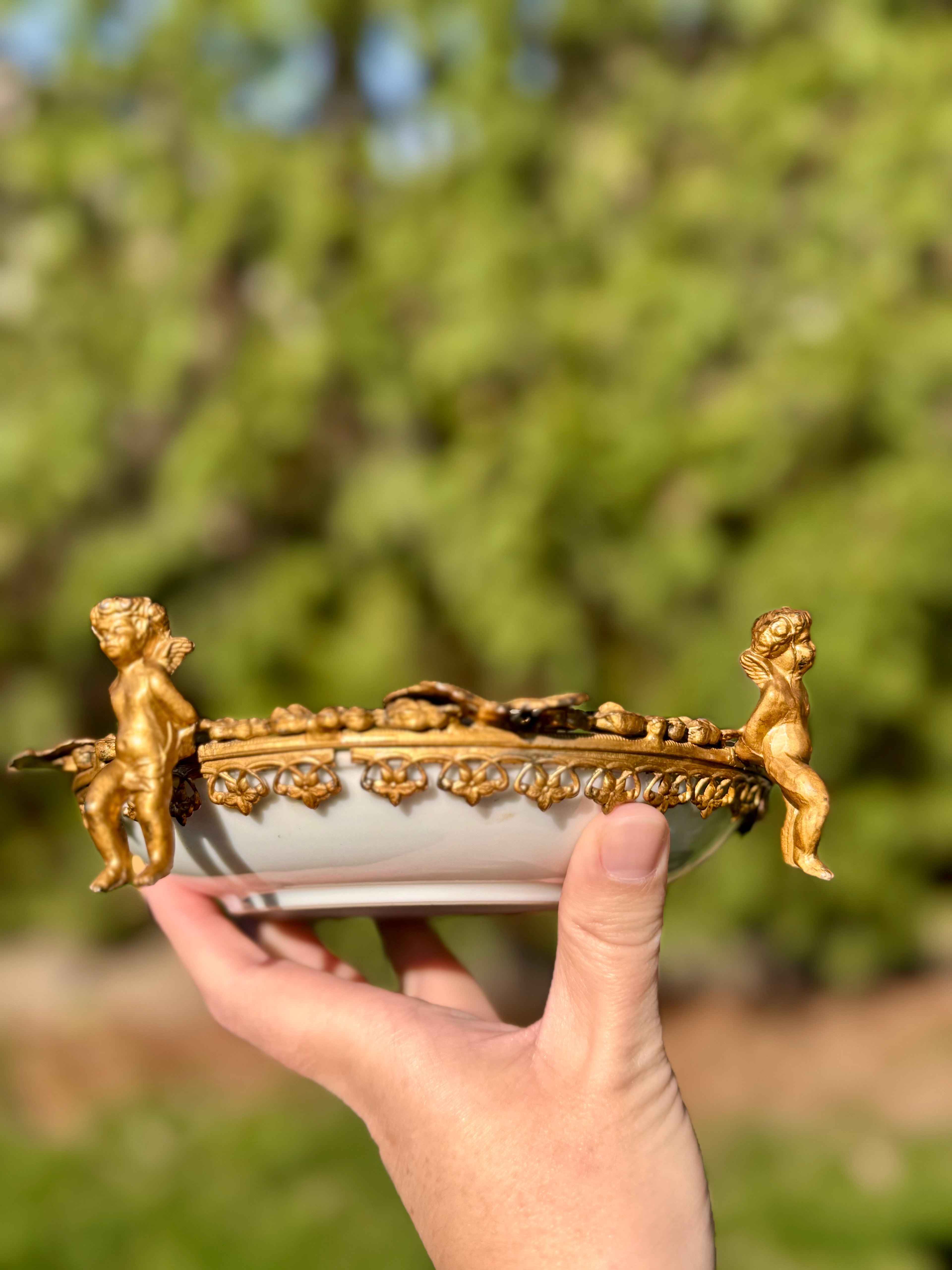 Meissen-Style Porcelain Dish in Gilt Bronze Cherub Mount | Napoleon III Style