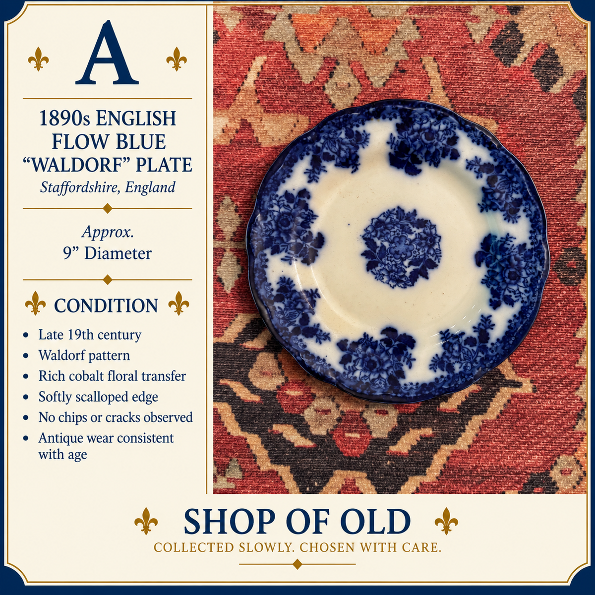1890s English Flow Blue Waldorf Plate | 9” Staffordshire England