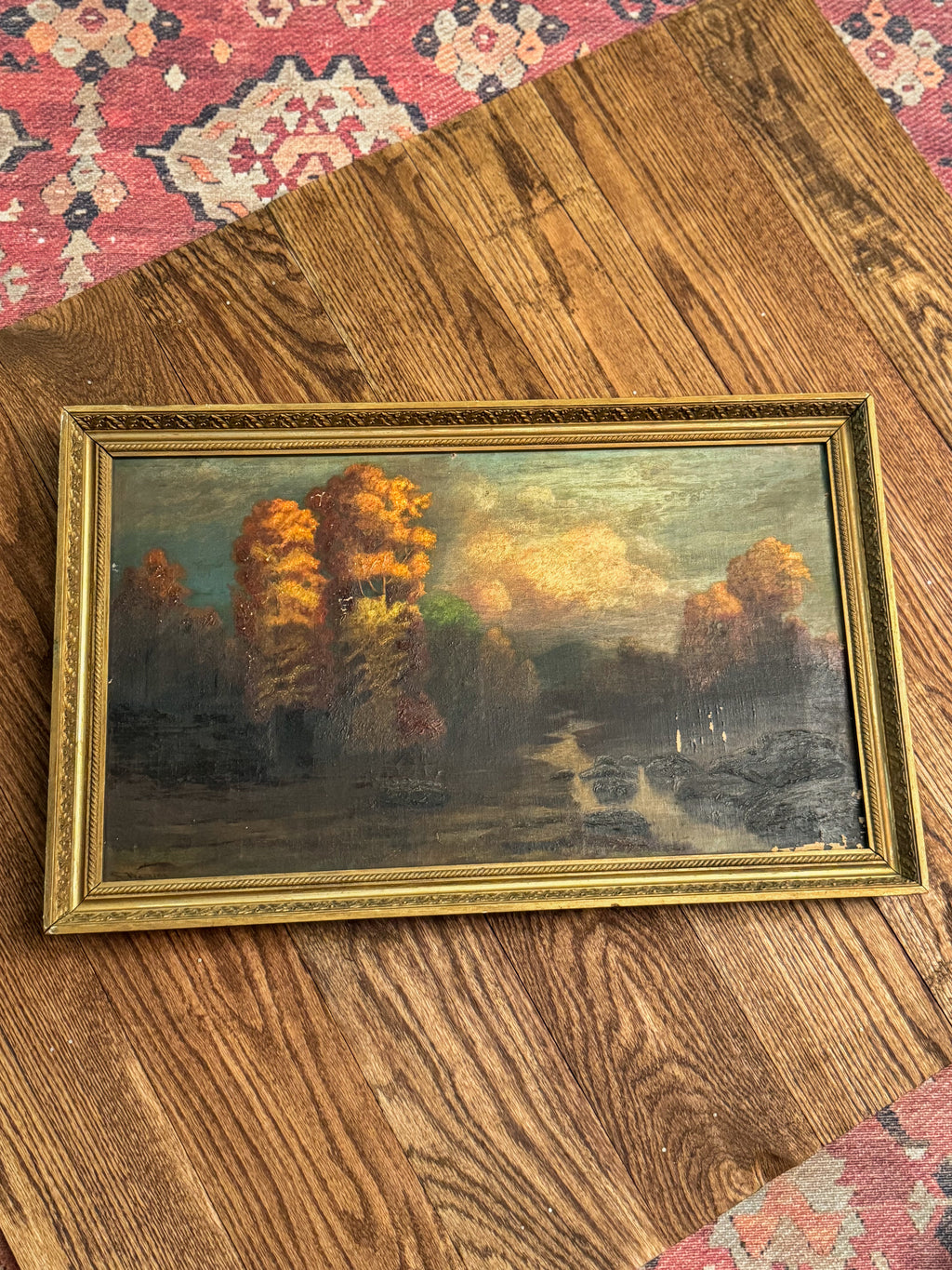 Signed Antique Tonalist Autumn River Landscape Oil Painting by R. Watkins | Original Gilt Frame
