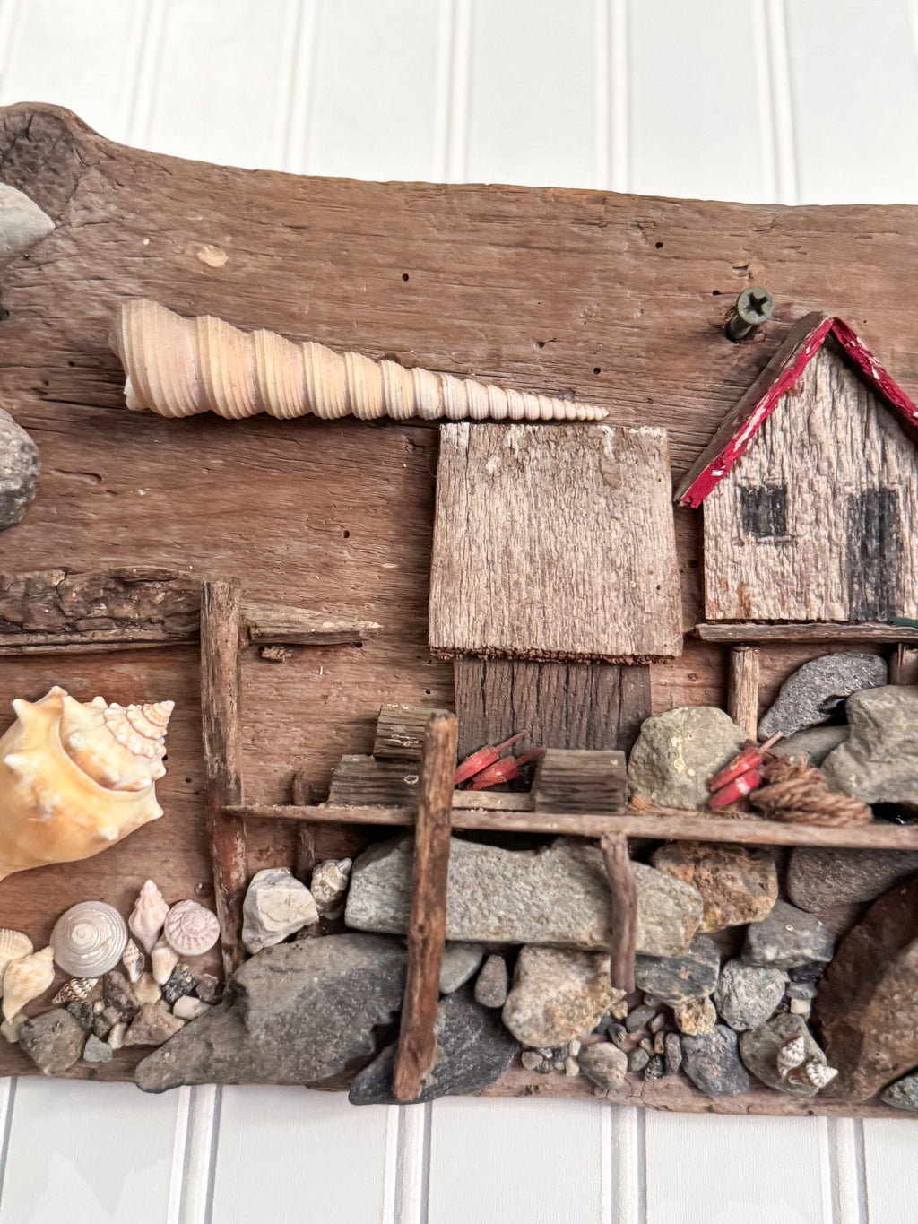Handmade Coastal Folk Art Wall Sculpture | Driftwood & Seashell Village
