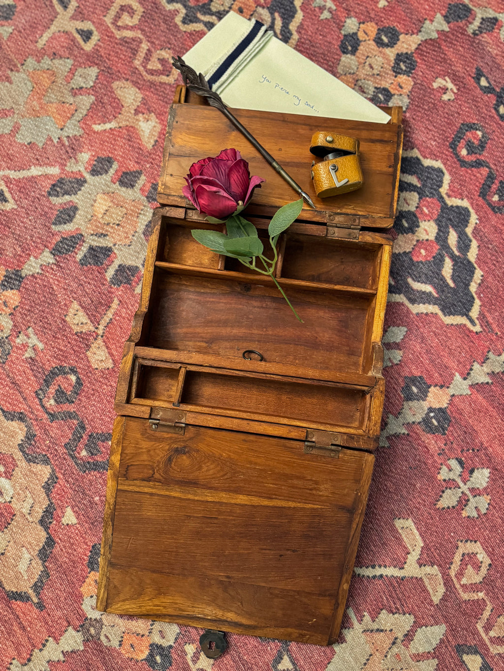 Antique 19th-Century Triple-Fold Traveling Writing Desk with Fitted Compartments