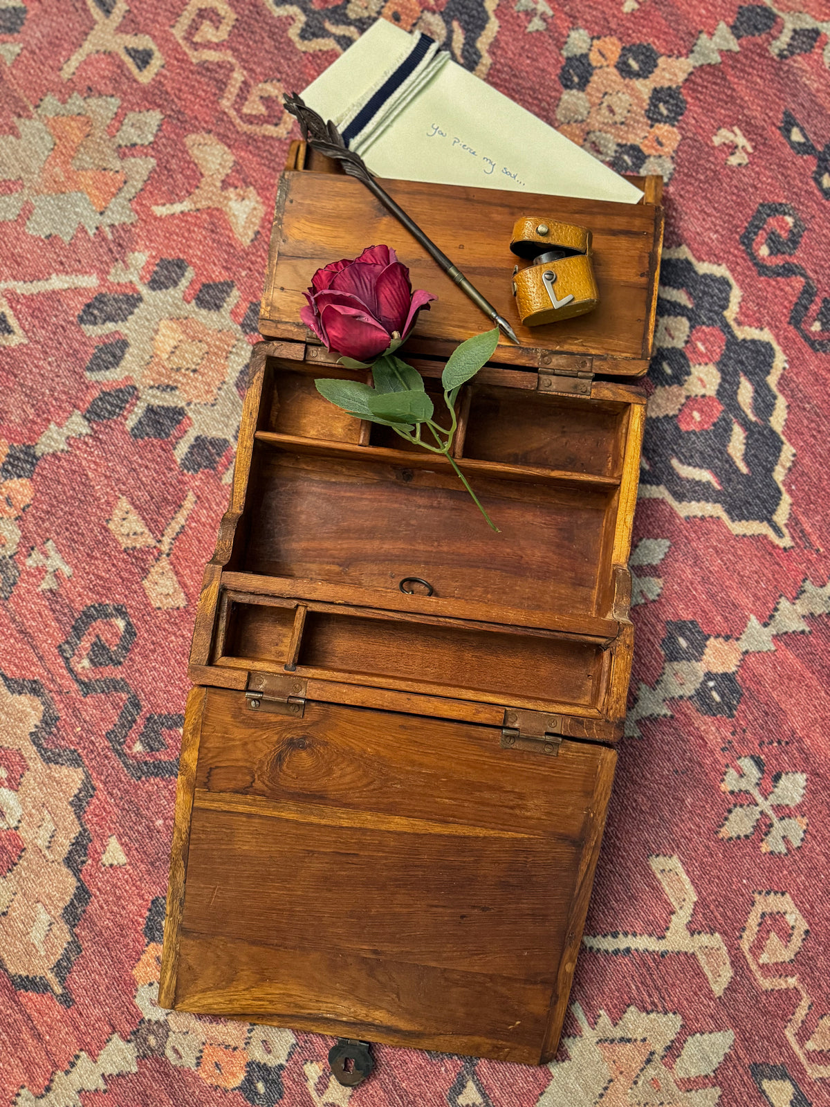 Antique 19th-Century Triple-Fold Traveling Writing Desk with Fitted Compartments