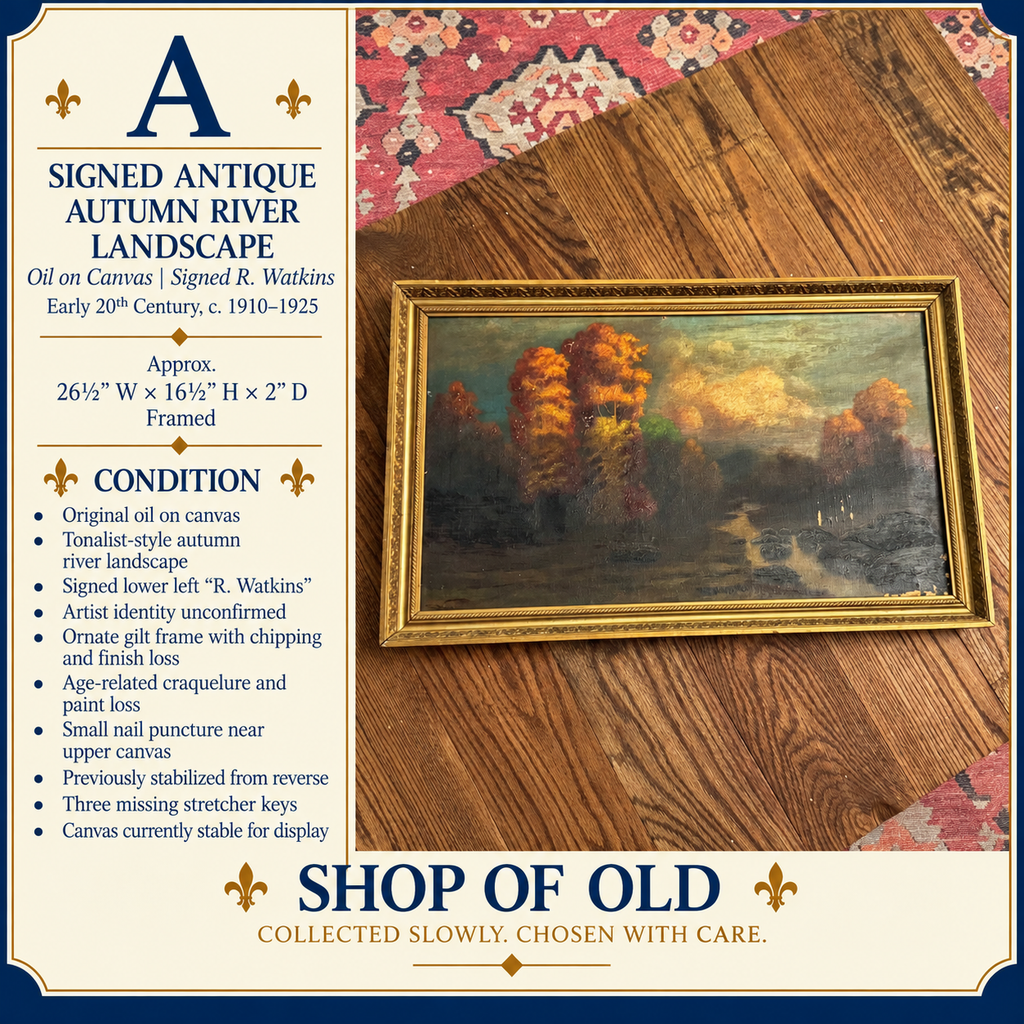 Signed Antique Tonalist Autumn River Landscape Oil Painting by R. Watkins | Original Gilt Frame