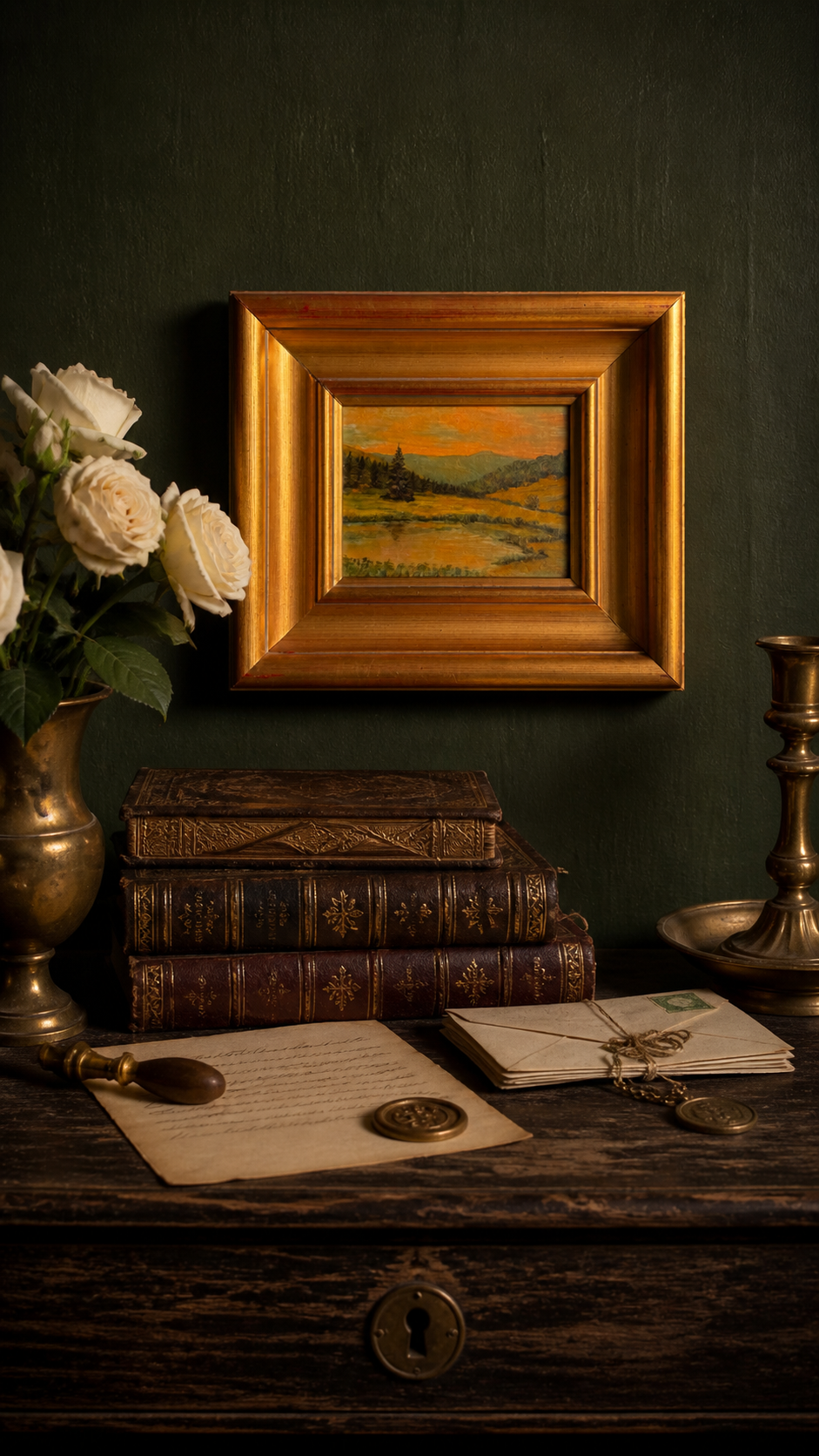 Vintage Landscape Oil Painting in Deep Gilt Frame, Pastoral Hillside Scene, Framed Original Oil on Board