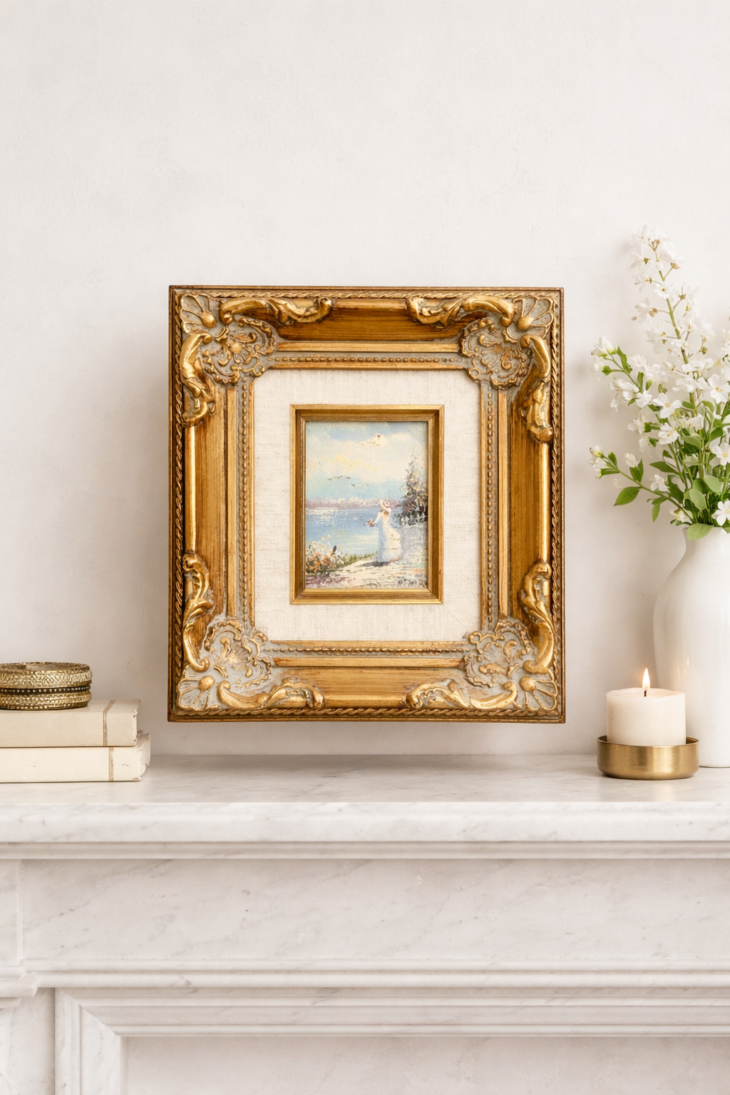 Miniature Oil Painting on Masonry in Ornate Gilt Frame with Stand