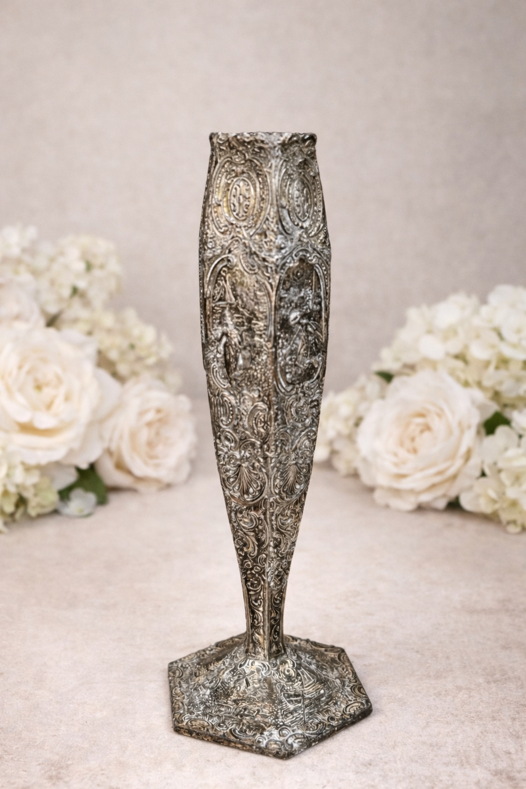 1923 Repoussé Silverplate Spill Vase | Pastoral Relief, Hand-Hammered Form