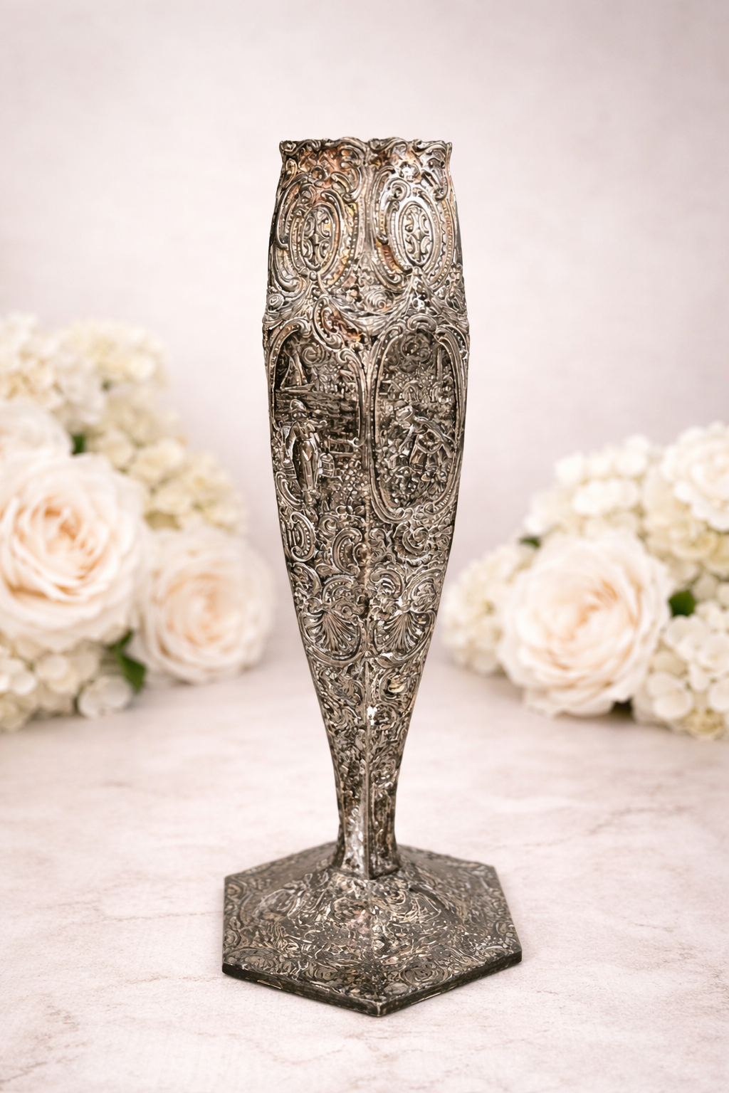 1923 Repoussé Silverplate Spill Vase | Pastoral Relief, Hand-Hammered Form